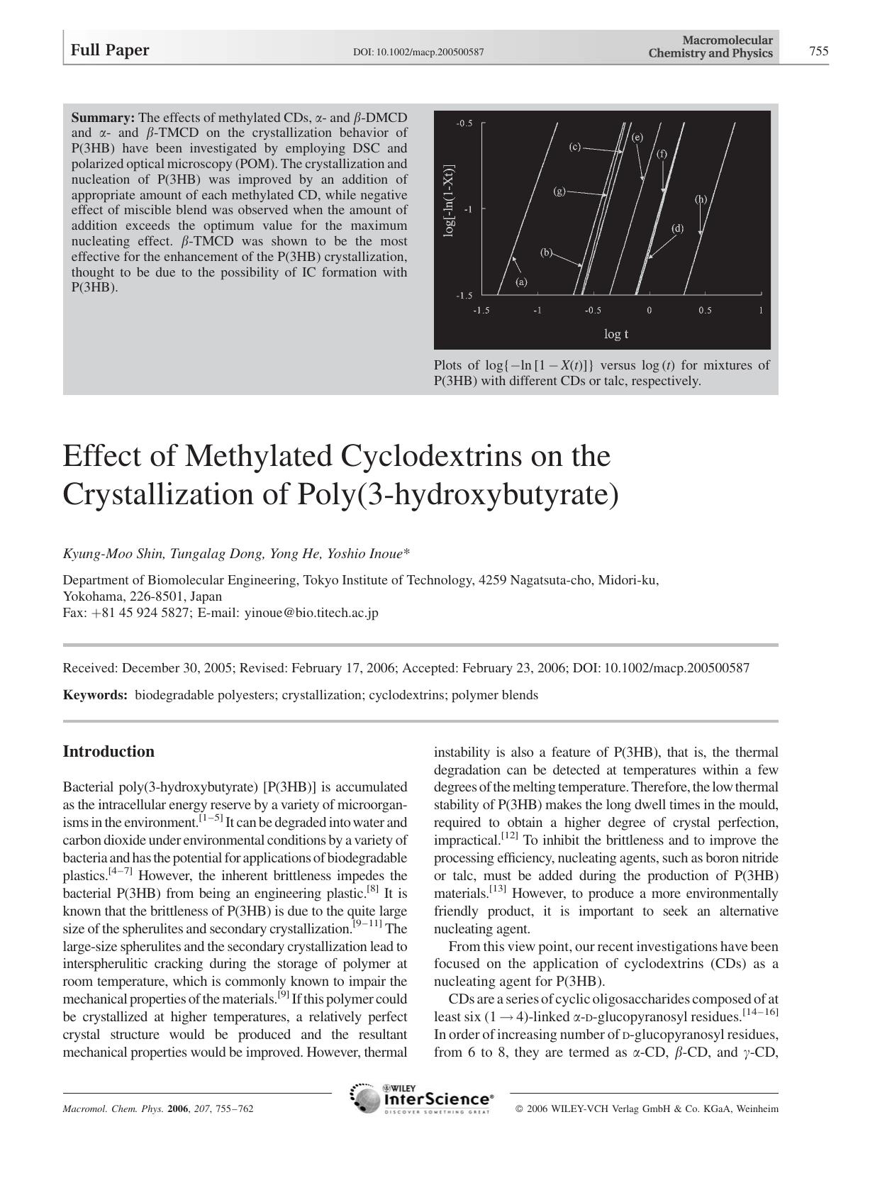 Effect of Methylated Cyclodextrins on the Crystallization of Poly(3-hydroxybutyrate) by unknow