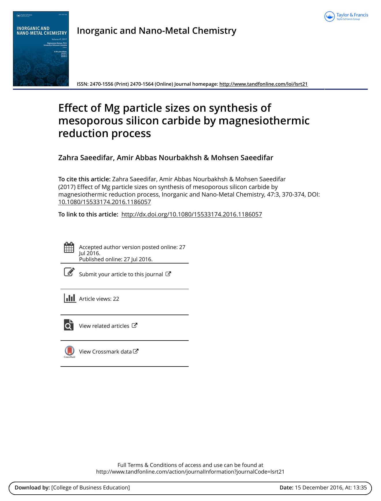 Effect of Mg particle sizes on synthesis of mesoporous silicon carbide by magnesiothermic reduction process by Zahra Saeedifar & Amir Abbas Nourbakhsh & Mohsen Saeedifar