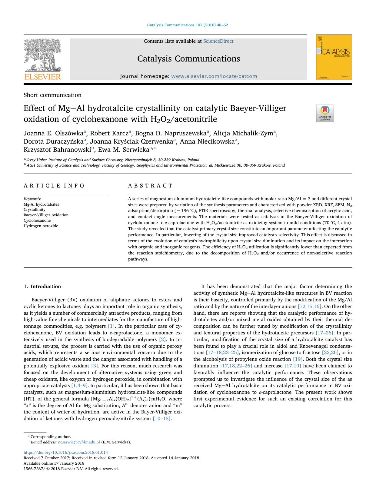 Effect of MgAl hydrotalcite crystallinity on catalytic Baeyer-Villiger oxidation of cyclohexanone with H2O2acetonitrile by unknow