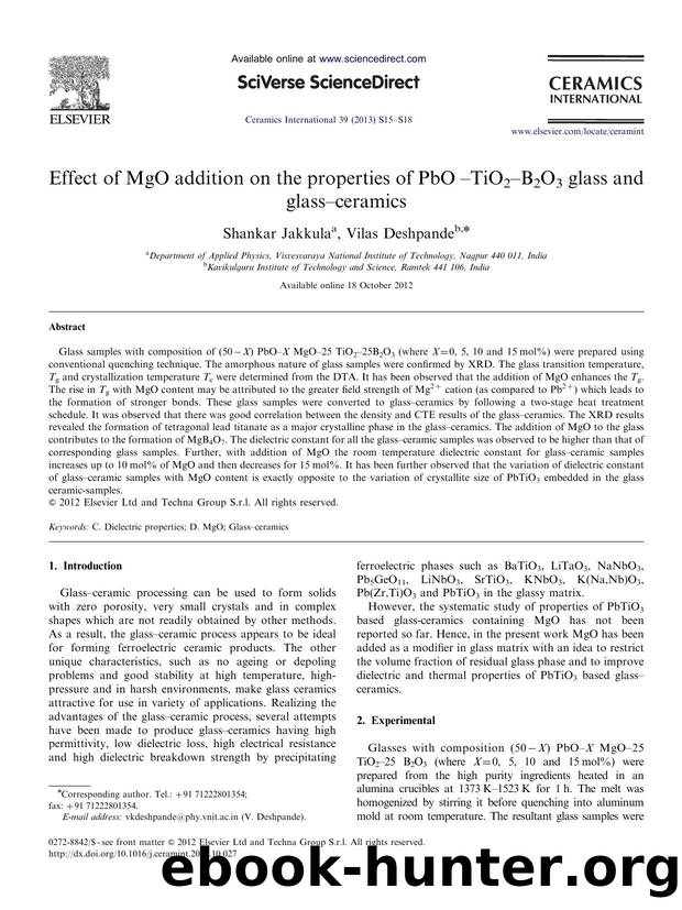 Effect of MgO addition on the properties of PbO âTiO2âB2O3 glass and glassâceramics by Shankar Jakkula & Vilas Deshpande
