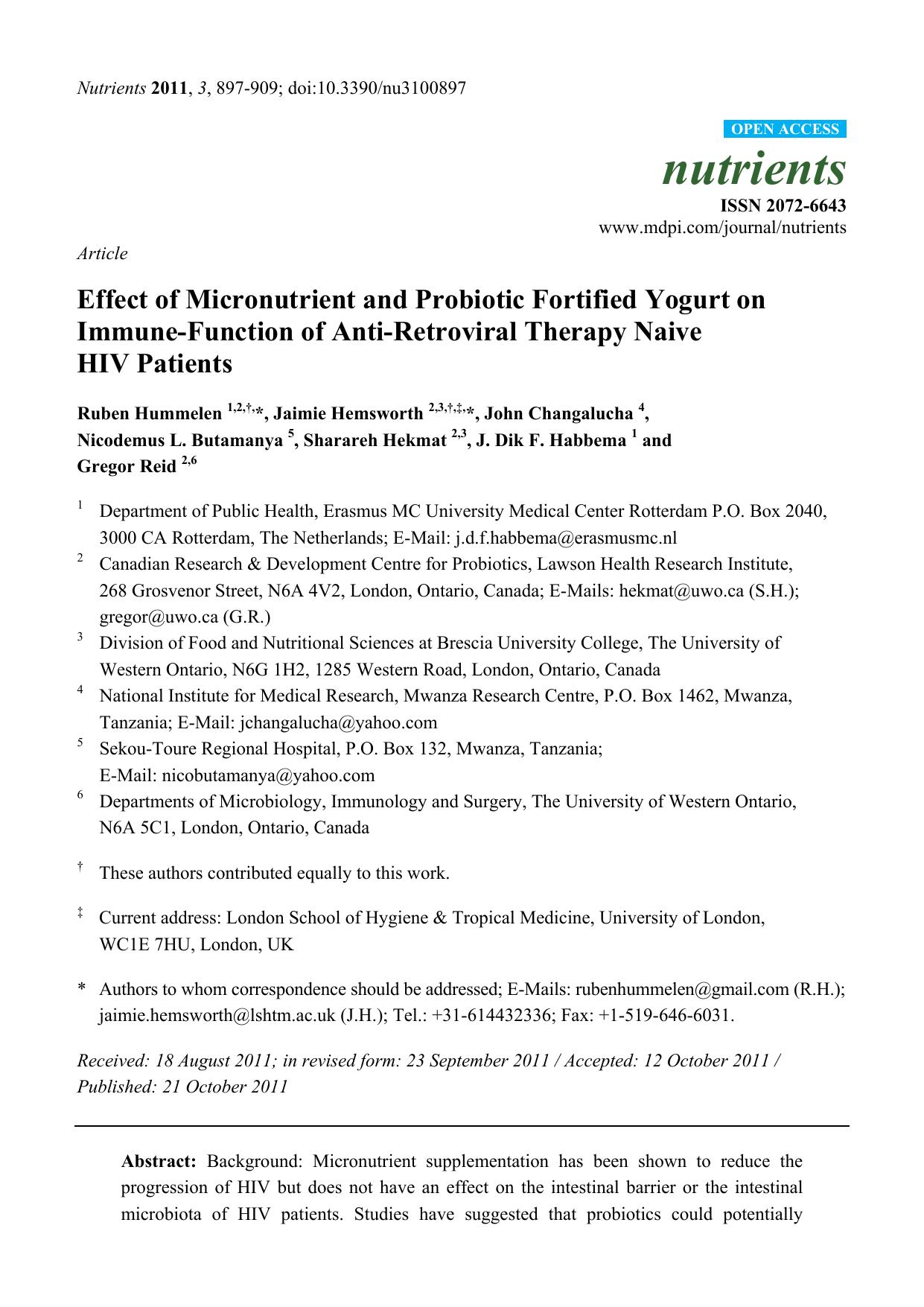 Effect of Micronutrient and Probiotic Fortified Yogurt on Immune-Function of Anti-Retroviral Therapy Naive HIV Patients by Hummelen R. Hemsworth J. et al
