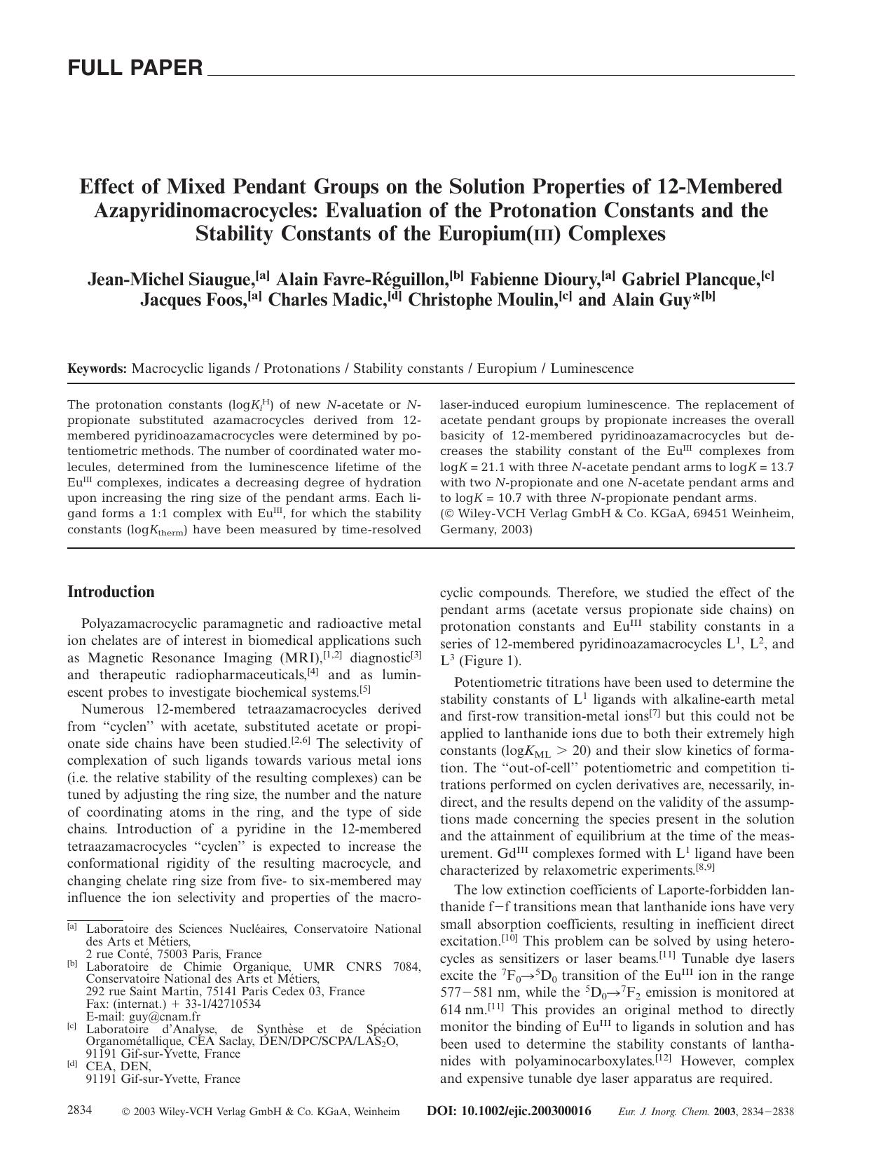 Effect of Mixed Pendant Groups on the Solution Properties of 12-Membered Azapyridinomacrocycles: Evaluation of the Protonation Constants and the Stability Constants of the Europium(III) Complexes by Unknown