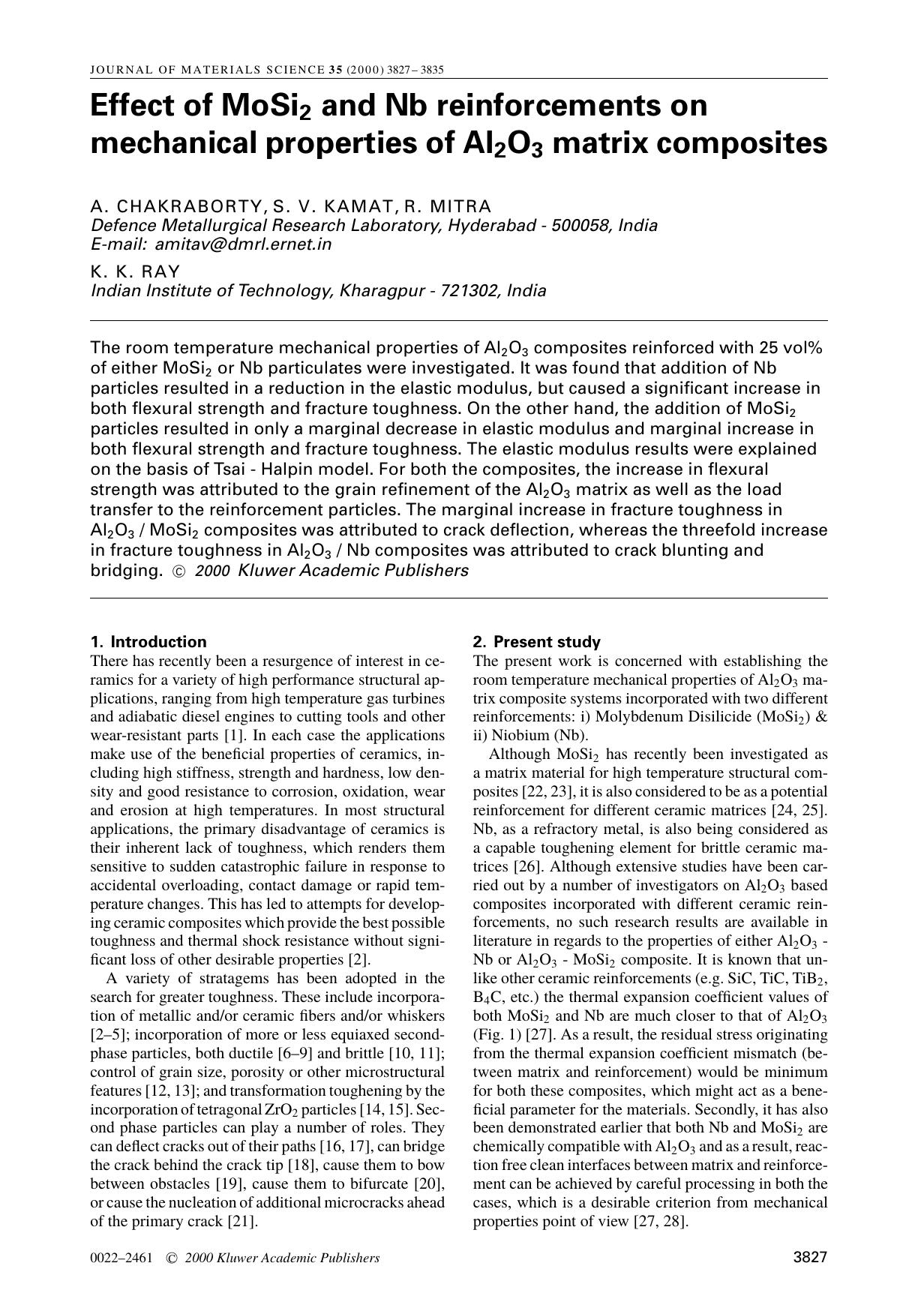 Effect of MoSi2 and Nb reinforcements on mechanical properties of Al2O3 matrix composites by Unknown