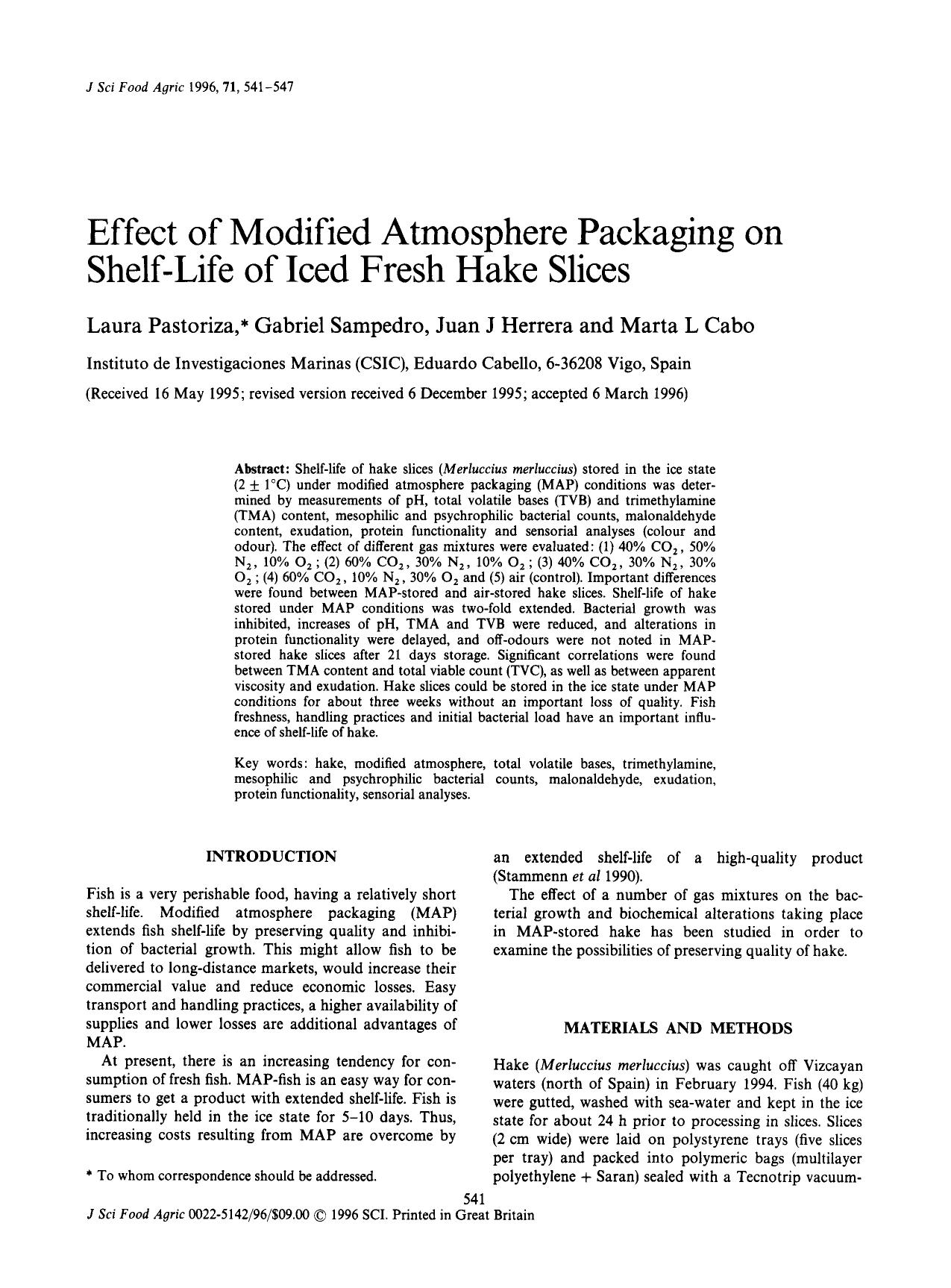 Effect of Modified Atmosphere Packaging on Shelf-Life of Iced Fresh Hake Slices by Unknown