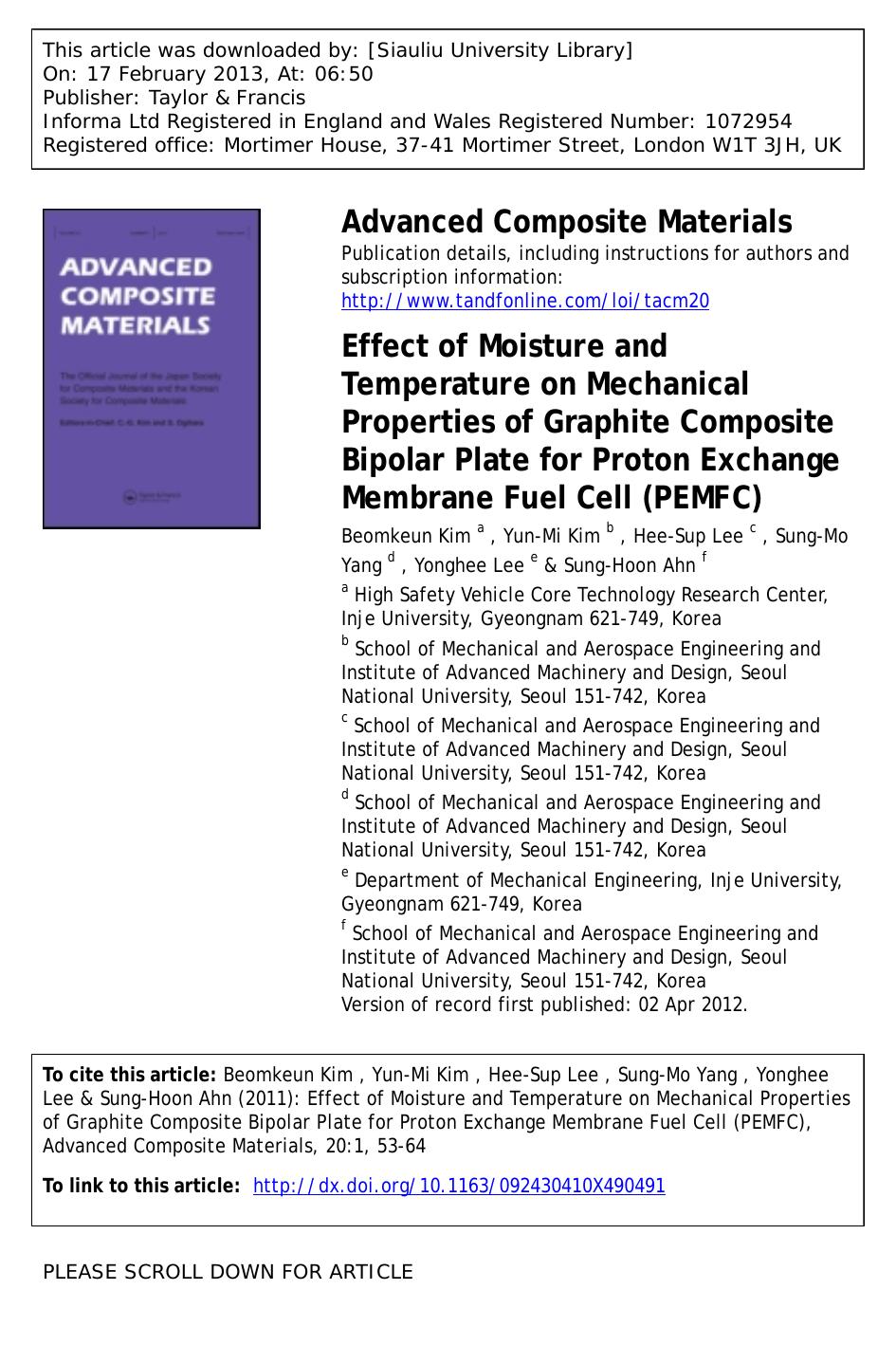 Effect of Moisture and Temperature on Mechanical Properties of Graphite Composite Bipolar Plate for Proton Exchange Membrane Fuel Cell (PEMFC) by Beomkeun Kim Yun-Mi Kim Hee-Sup Lee Sung-Mo Yang Yonghee Lee & Sung-Hoon Ahn
