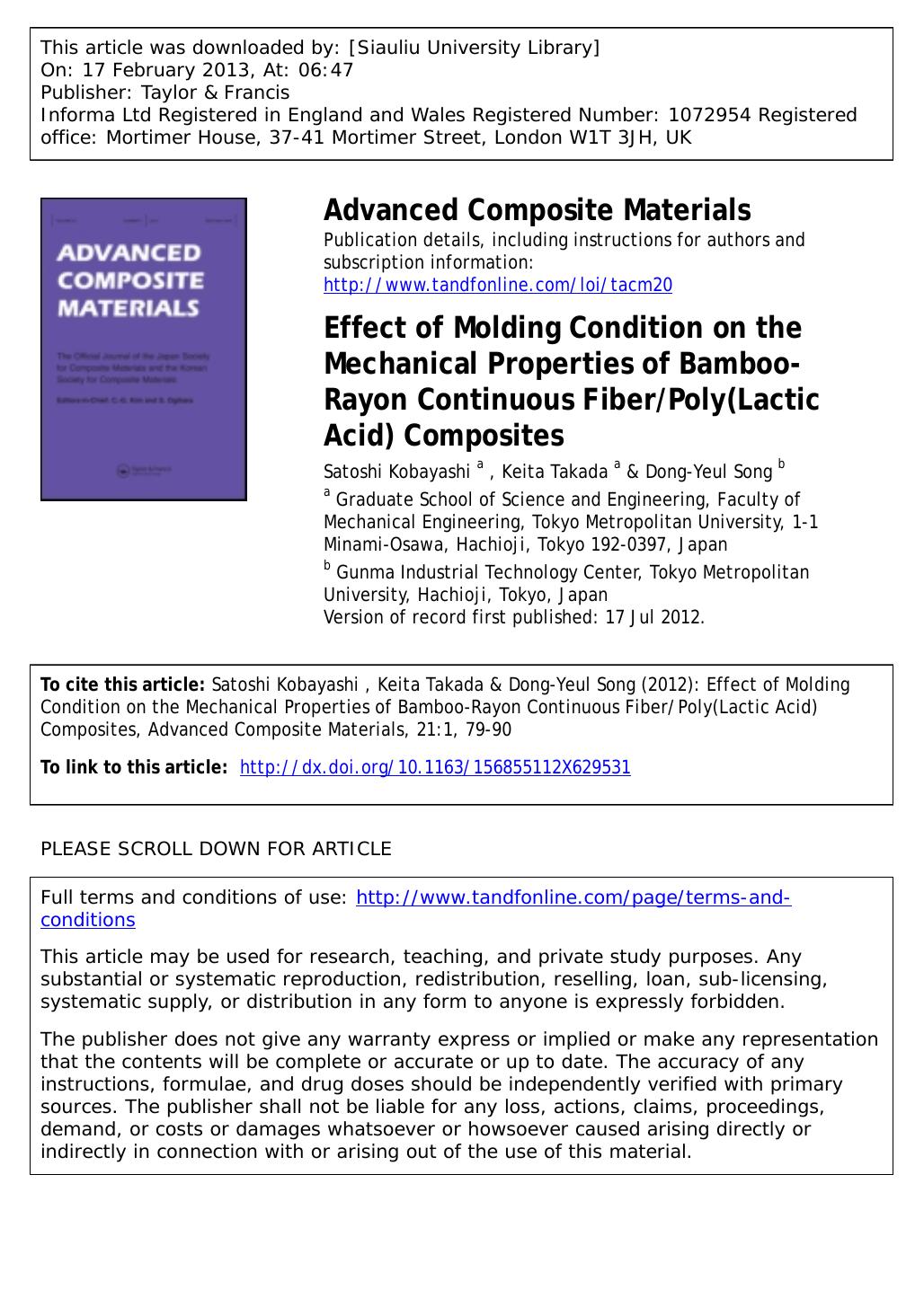 Effect of Molding Condition on the Mechanical Properties of Bamboo-Rayon Continuous FiberPoly(Lactic Acid) Composites by Satoshi Kobayashi Keita Takada & Dong-Yeul Song