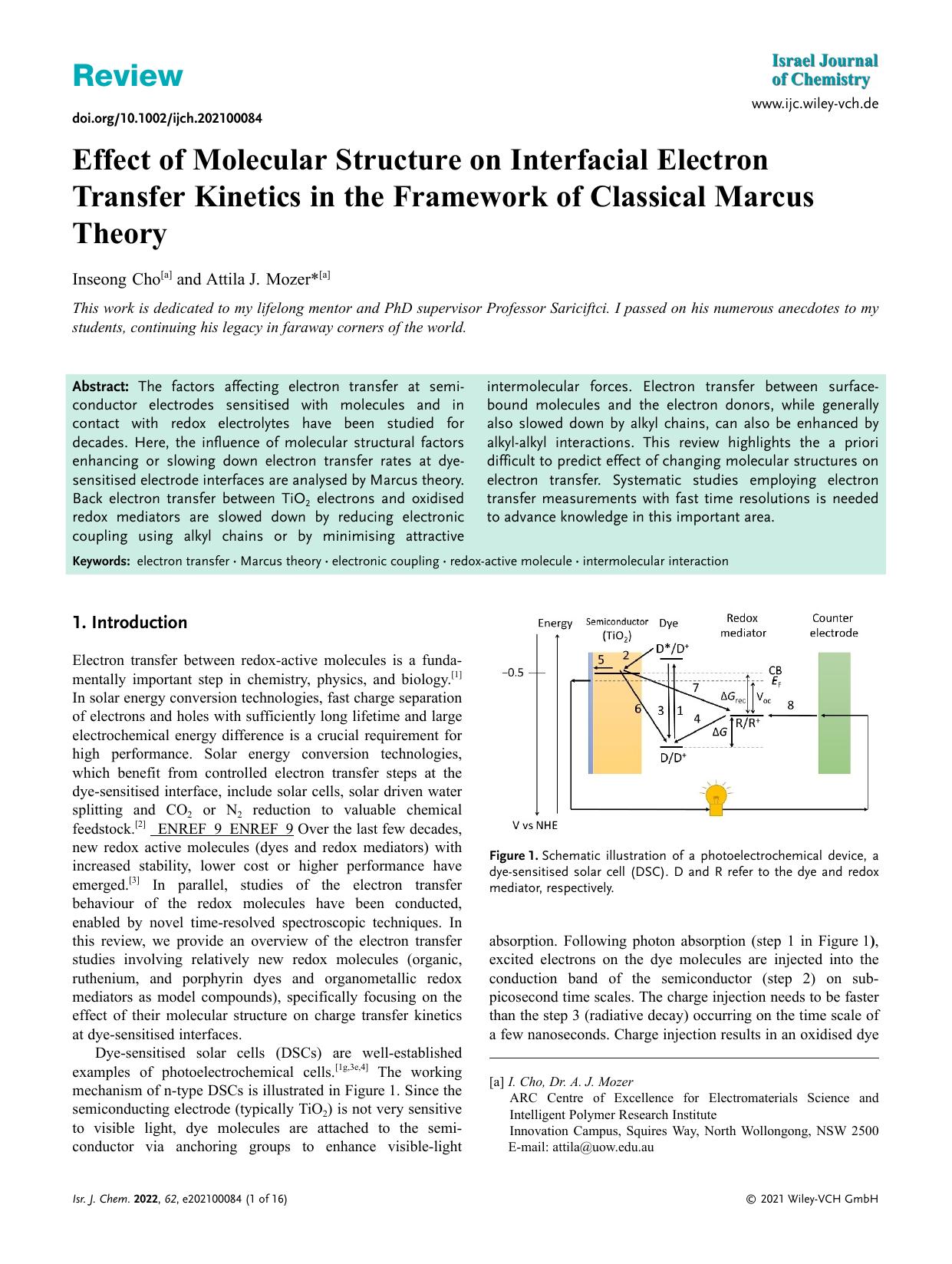 Effect of Molecular Structure on Interfacial Electron Transfer Kinetics in the Framework of Classical Marcus Theory by Unknown