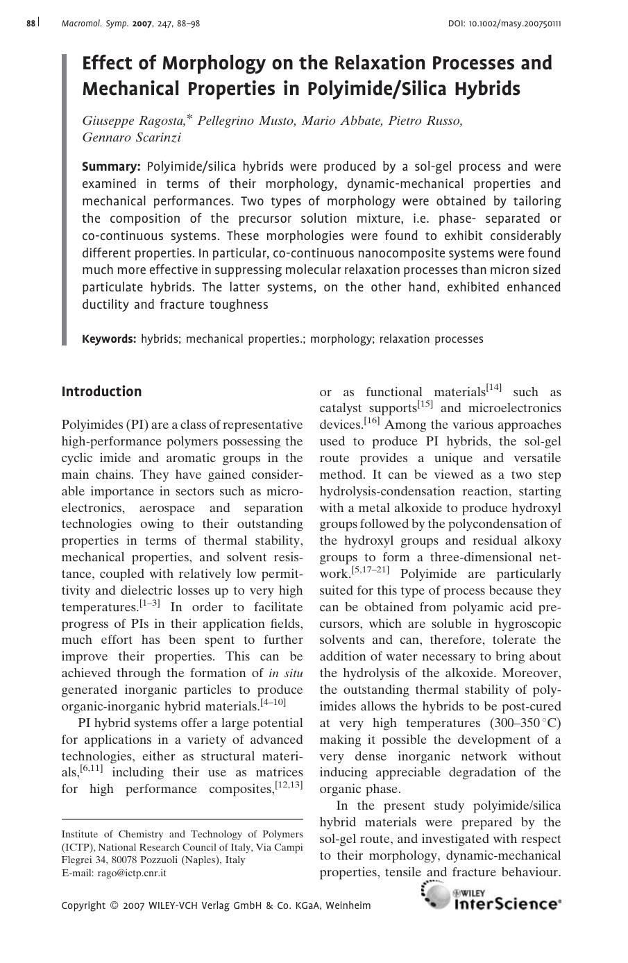 Effect of Morphology on the Relaxation Processes and Mechanical Properties in PolyimideSilica Hybrids by Unknown