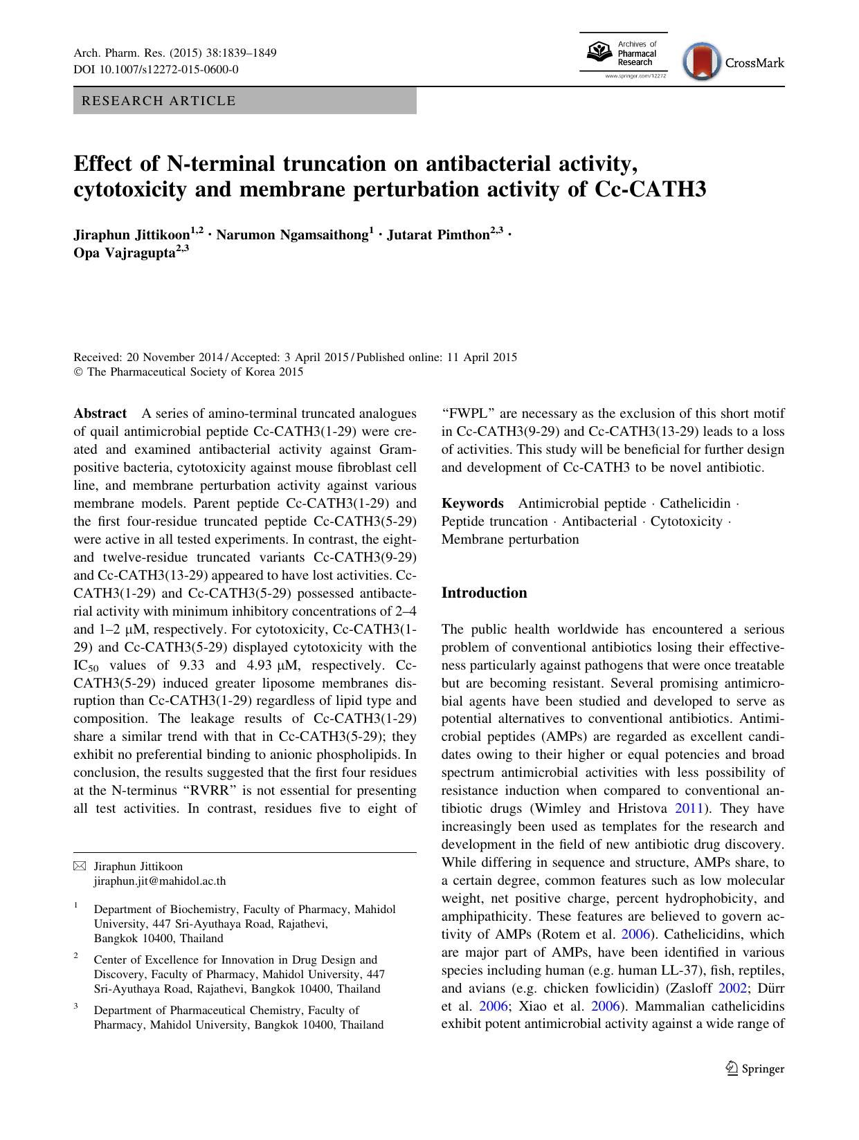 Effect of N-terminal truncation on antibacterial activity, cytotoxicity and membrane perturbation activity of Cc-CATH3 by Jiraphun Jittikoon & Narumon Ngamsaithong & Jutarat Pimthon & Opa Vajragupta