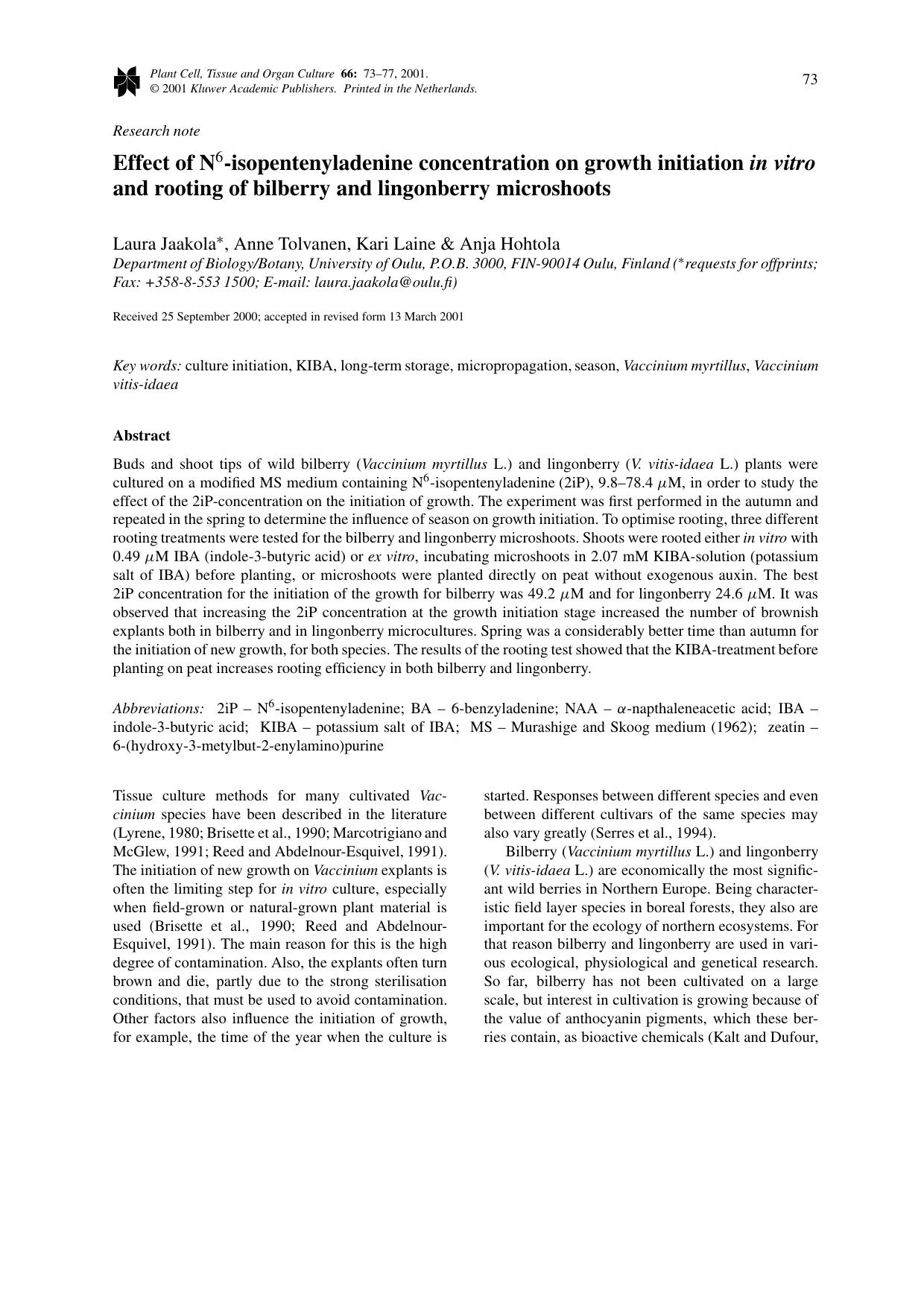 Effect of N6-isopentenyladenine concentration on growth initiation in vitro and rooting of bilberry and lingonberry microshoots by Unknown