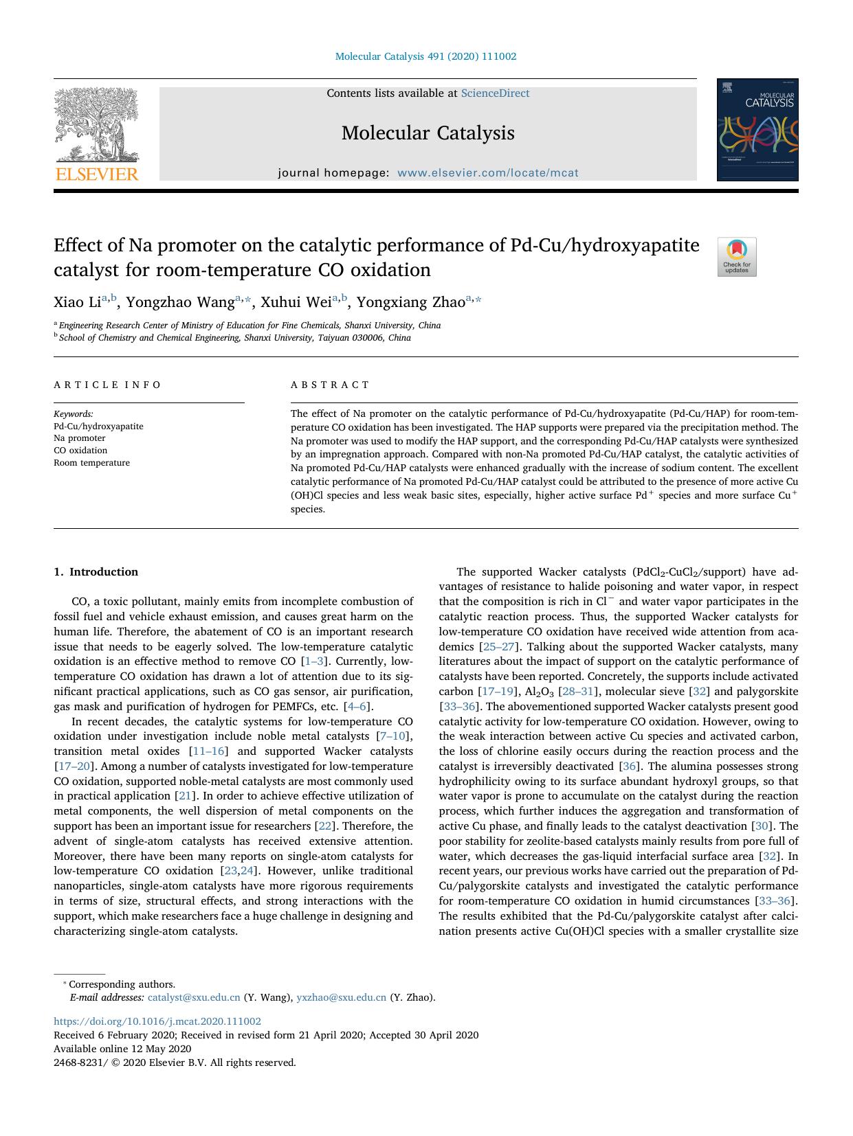 Effect of Na promoter on the catalytic performance of Pd-Cuhydroxyapatite catalyst for room-temperature CO oxidation by Xiao Li & Yongzhao Wang & Xuhui Wei & Yongxiang Zhao