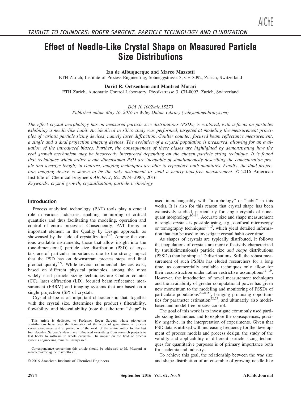 Effect of Needle&#8208;Like Crystal Shape on Measured Particle Size Distributions by Unknown