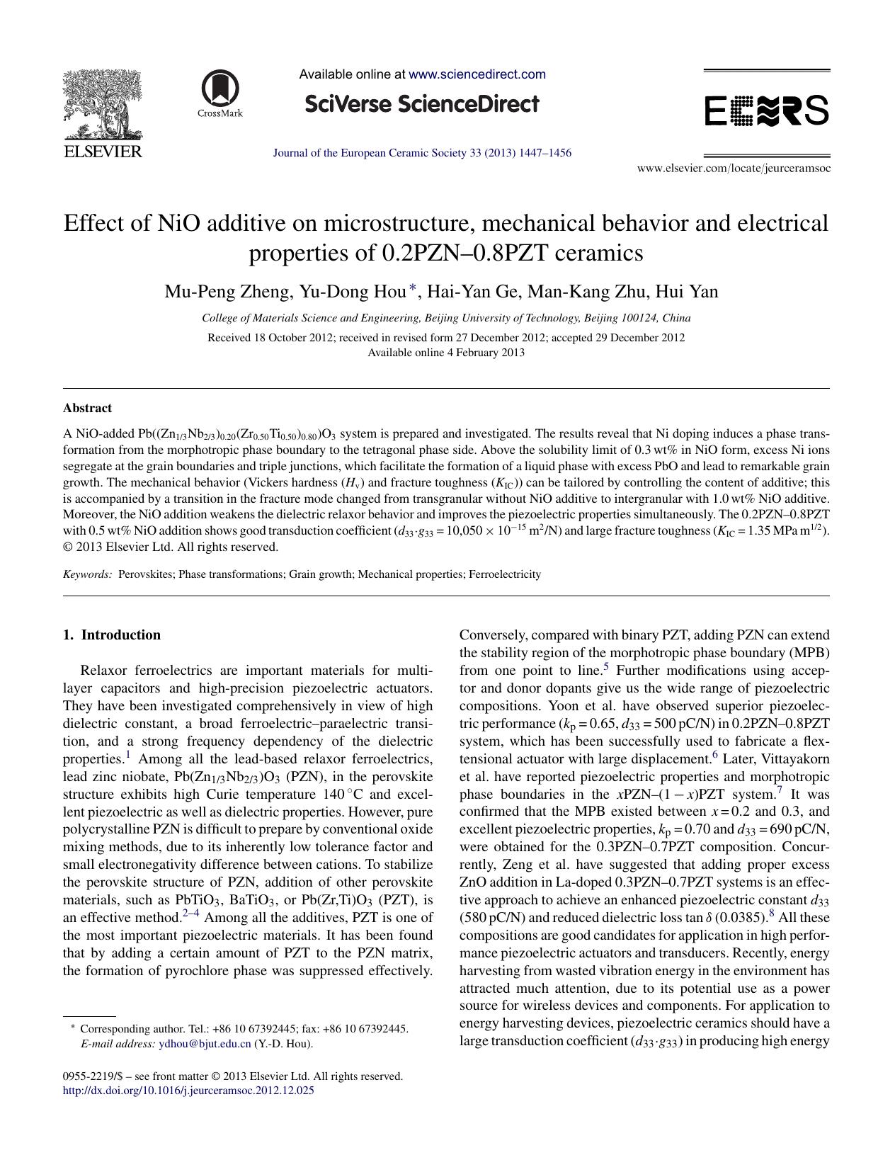 Effect of NiO additive on microstructure, mechanical behavior and electrical properties of 0.2PZNâ0.8PZT ceramics by Mu-Peng Zheng
