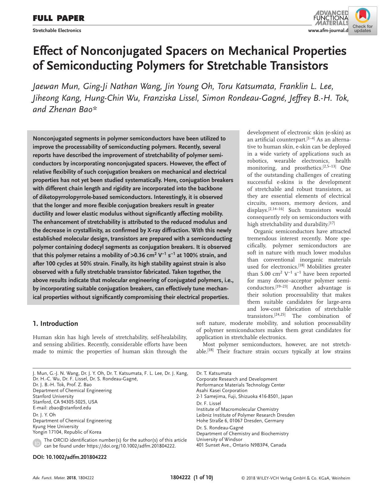 Effect of Nonconjugated Spacers on Mechanical Properties of Semiconducting Polymers for Stretchable Transistors by Unknown