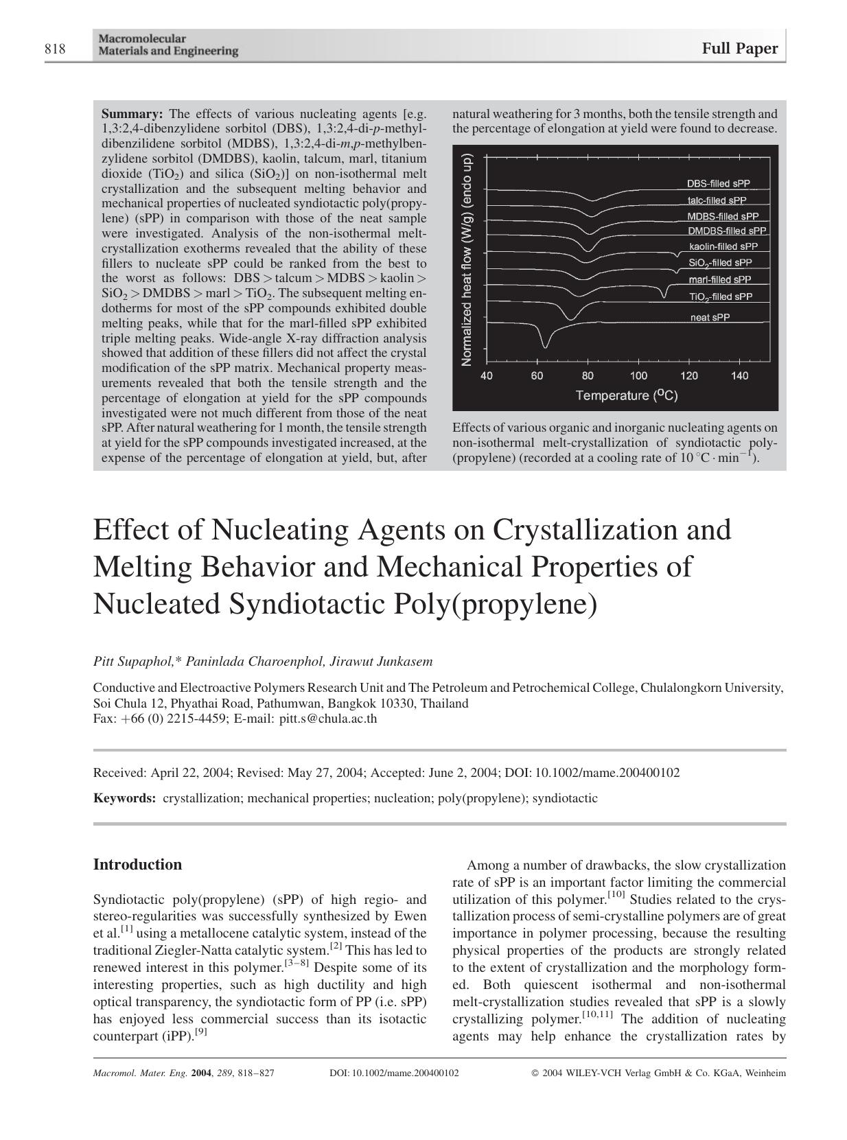 Effect of Nucleating Agents on Crystallization and Melting Behavior and Mechanical Properties of Nucleated Syndiotactic Poly(propylene) by Unknown