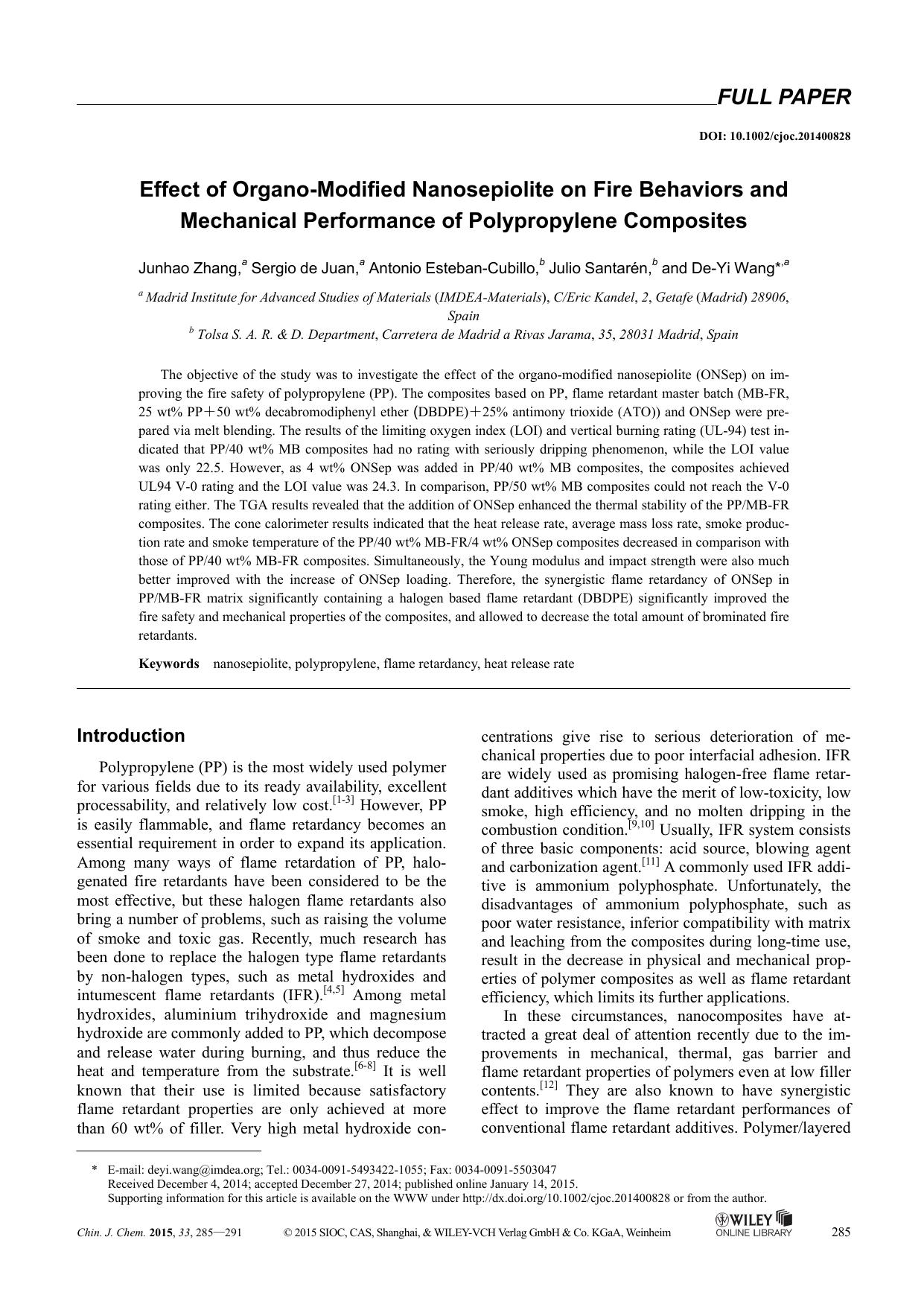 Effect of OrganoModified Nanosepiolite on Fire Behaviors and Mechanical Performance of Polypropylene Composites by kxk1