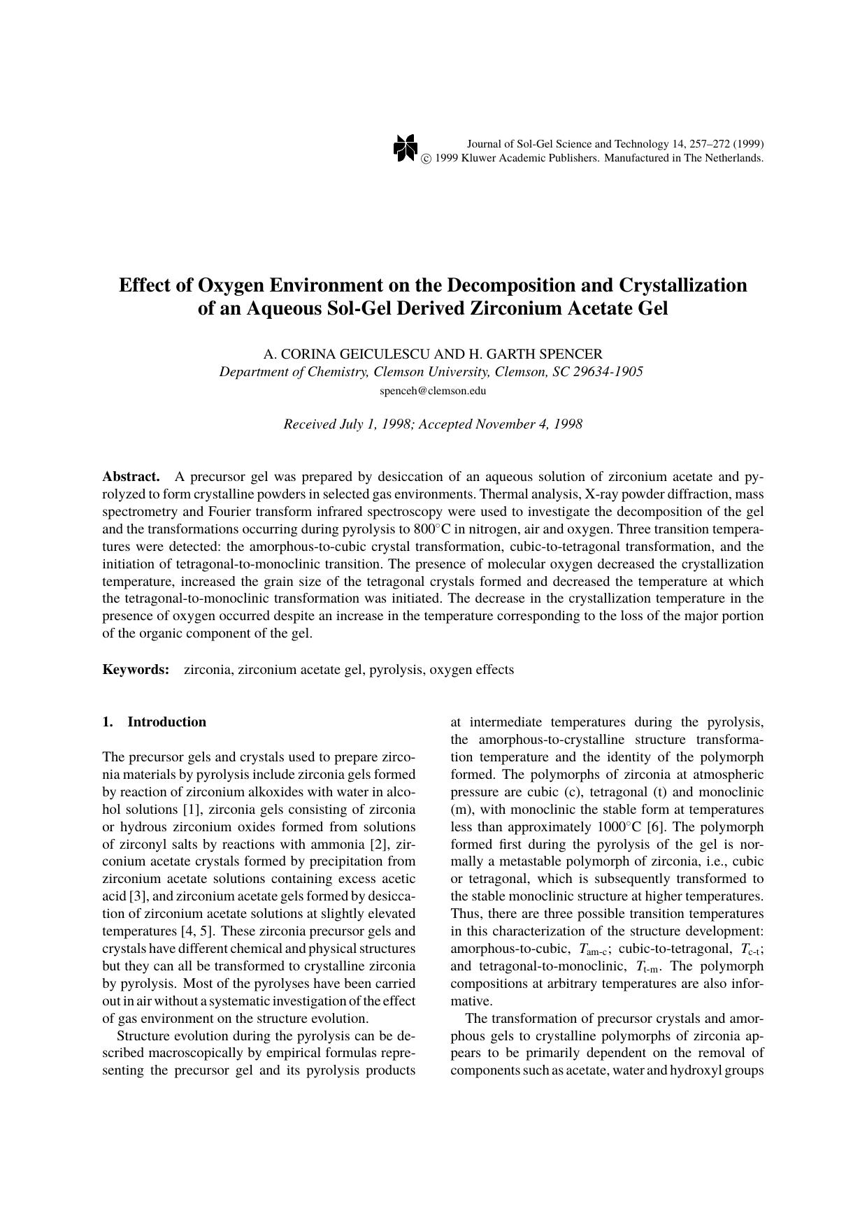 Effect of Oxygen Environment on the Decomposition and Crystallization of an Aqueous Sol-Gel Derived Zirconium Acetate Gel by Unknown