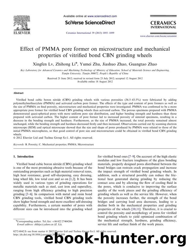 Effect of PMMA pore former on microstructure and mechanical properties of vitrified bond CBN grinding wheels by Xingfen Lv & Zhihong Li & Yumei Zhu & Jiashuo Zhao & Guangtao Zhao