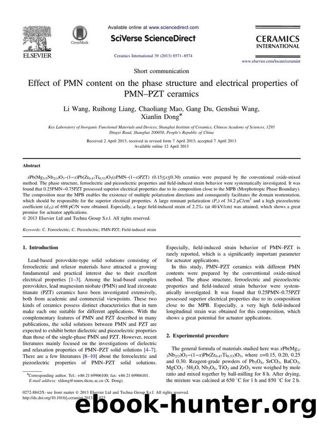 Effect of PMN content on the phase structure and electrical properties of PMNâPZT ceramics by Li Wang & Ruihong Liang & Chaoliang Mao & Gang Du & Genshui Wang & Xianlin Dong