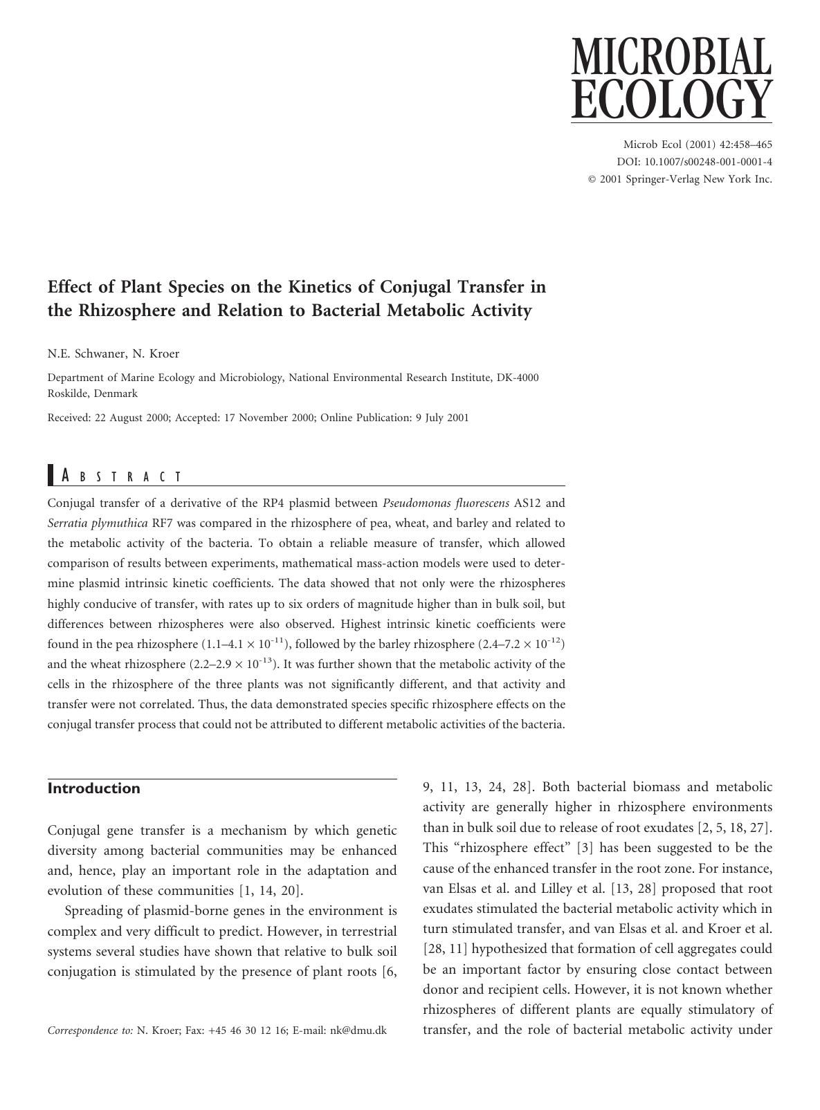 Effect of Plant Species on the Kinetics of Conjugal Transfer in the Rhizosphere and Relation to Bacterial Metabolic Activity by Schwaner N. et al