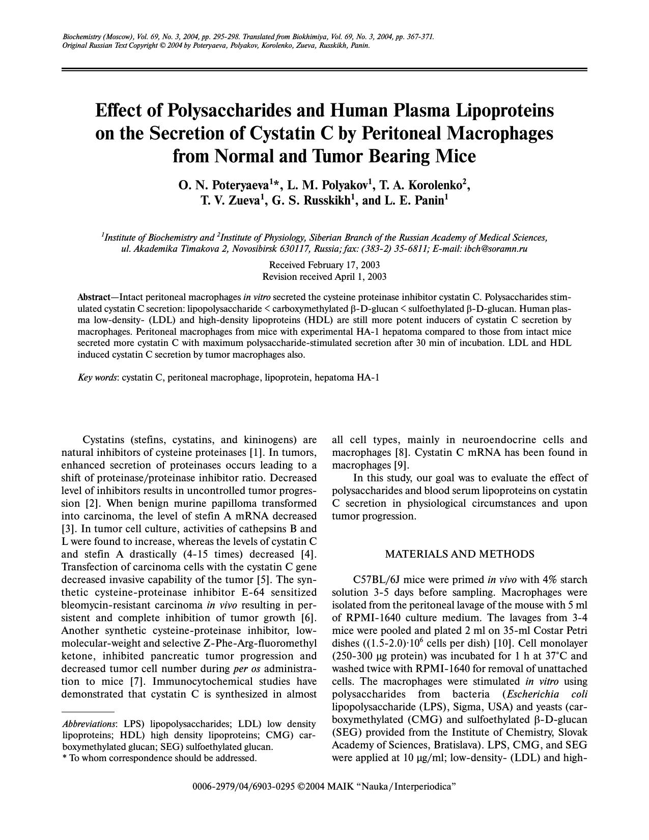 Effect of Polysaccharides and Human Plasma Lipoproteins on the Secretion of Cystatin C by Peritoneal Macrophages from Normal and Tumor Bearing Mice by Unknown