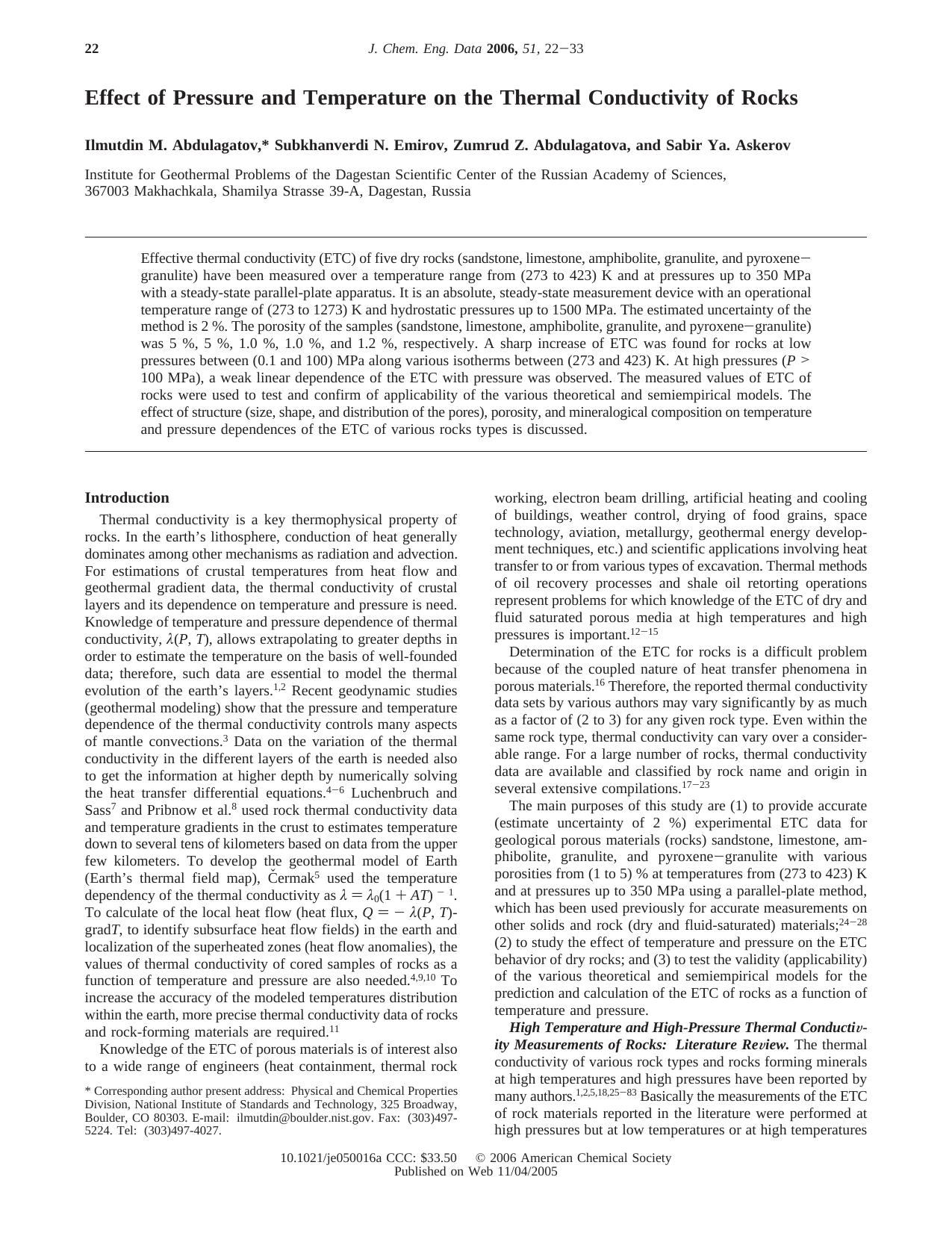 Effect of Pressure and Temperature on the Thermal Conductivity of Rocks by Ilmutdin M. Abdulagatov * Subkhanverdi N. Emirov Zumrud Z. Abdulagatova and Sabir Ya. Askerov