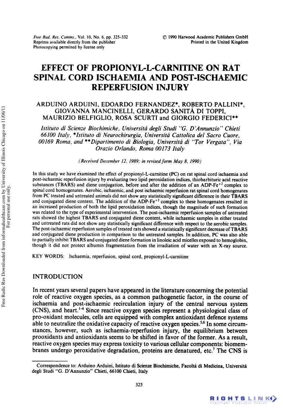 Effect of Propionyl-L-Carnitine On Rat Spinal Cord Ischaemia and Post-Ischaemic Reperfusion Injury by unknow