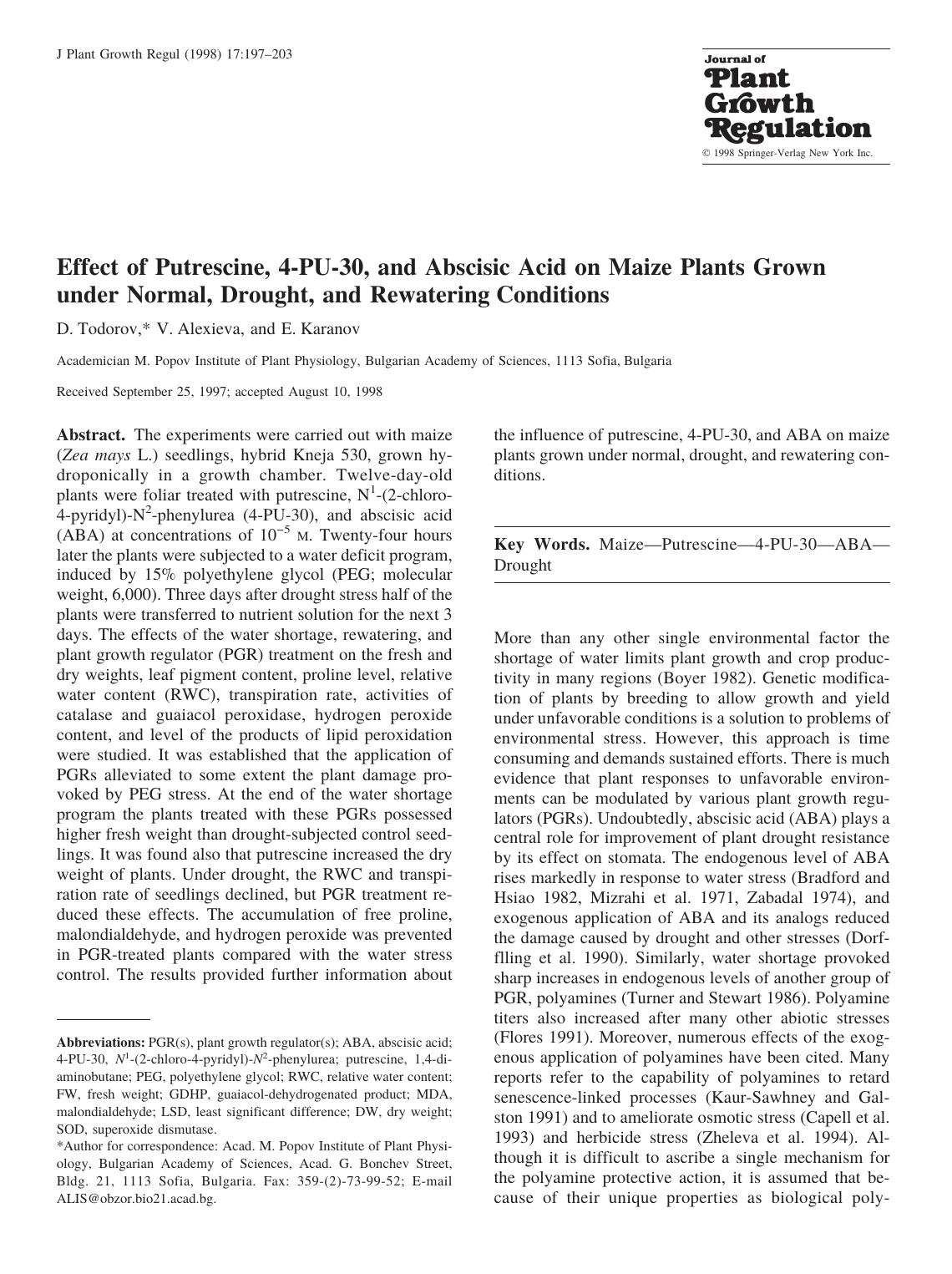Effect of Putrescine, 4-PU-30, and Abscisic Acid on Maize Plants Grown under Normal, Drought, and Rewatering Conditions by Todorov D. et al
