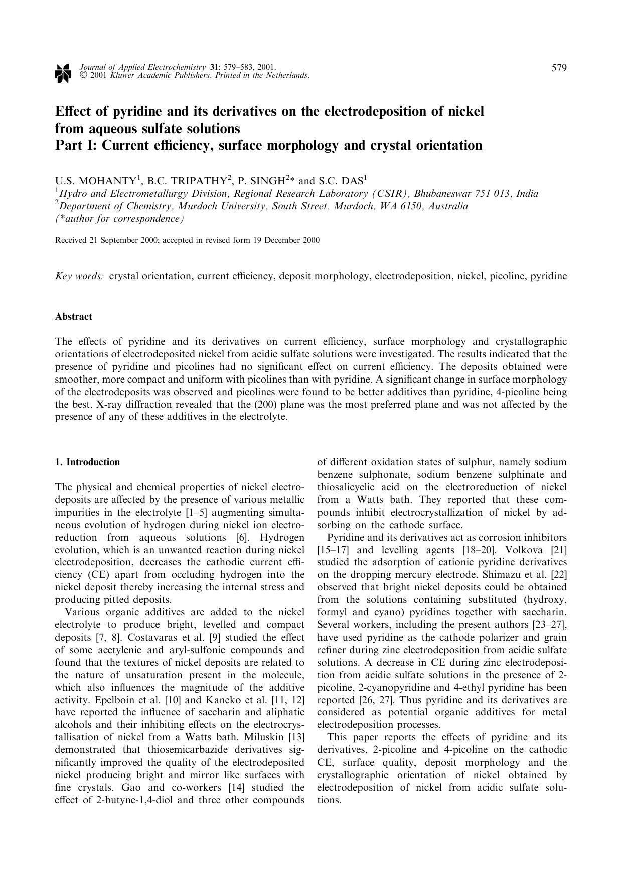 Effect of Pyridine and its Derivatives on the Electrodeposition of Nickel from Aqueous Sulfate solutions Part I: Current Efficiency, Surface Morphology and Crystal Orientation by Unknown