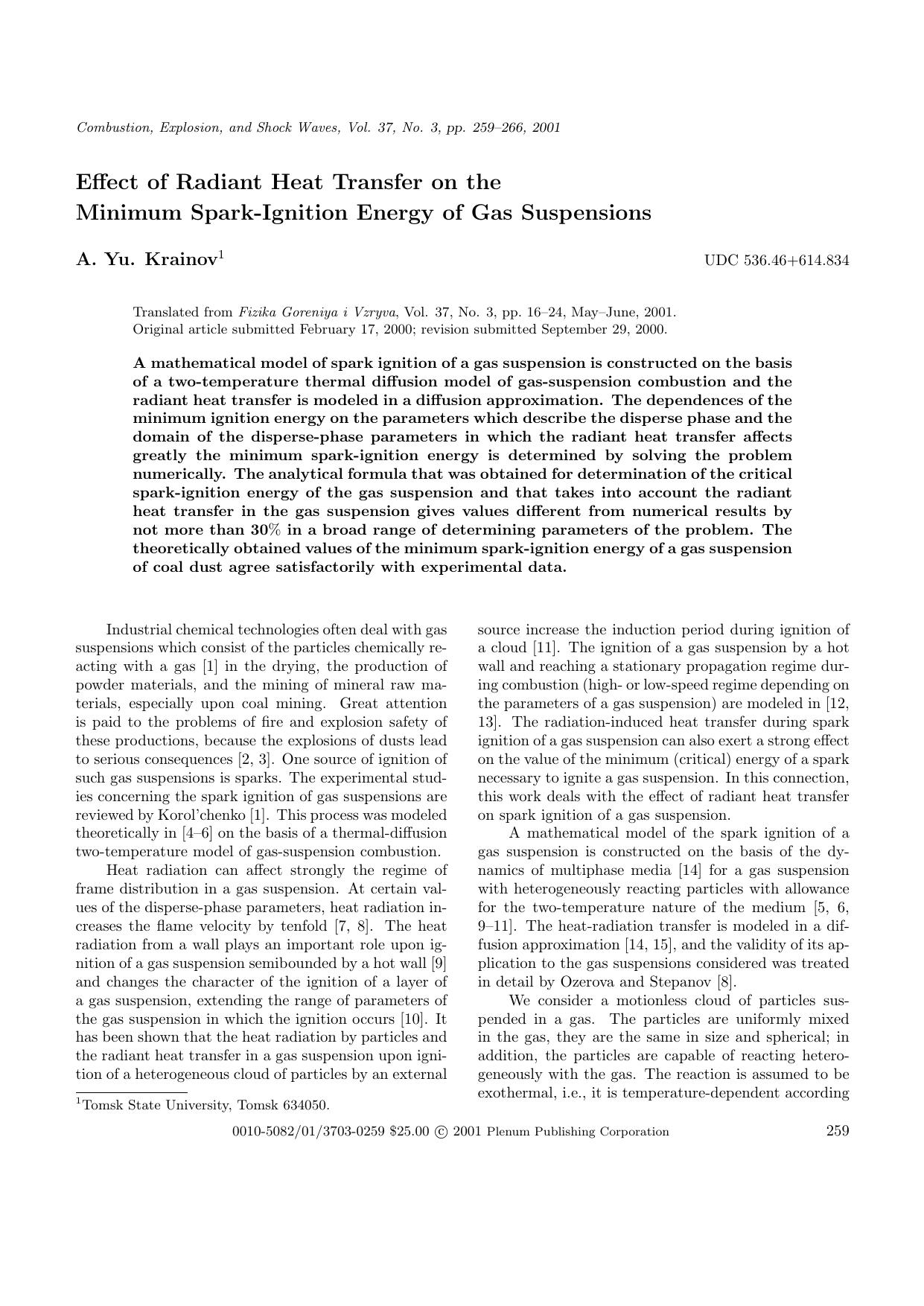Effect of Radiant Heat Transfer on the Minimum Spark-Ignition Energy of Gas Suspensions by Unknown