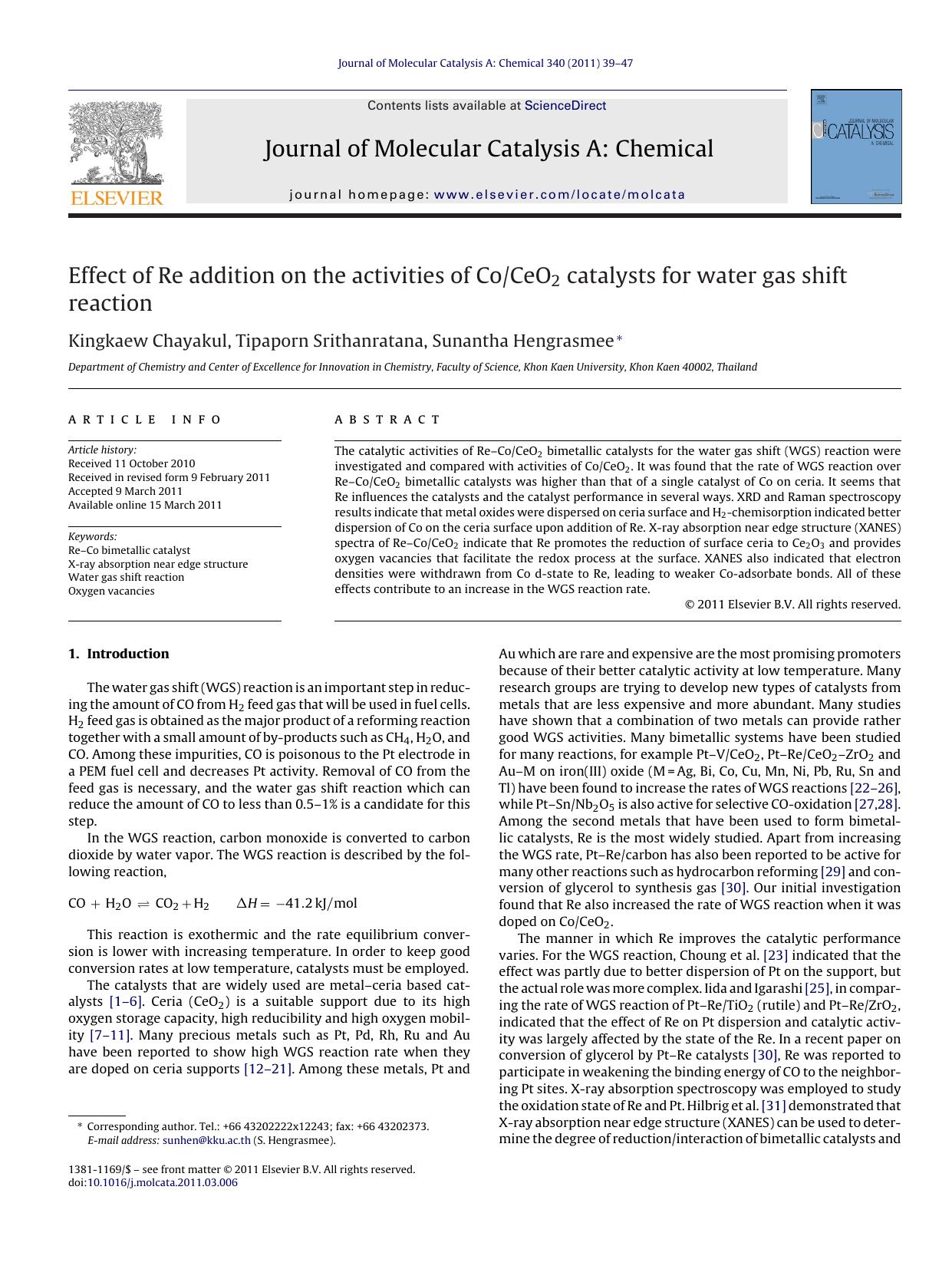 Effect of Re addition on the activities of CoCeO2 catalysts for water gas shift reaction by Kingkaew Chayakul