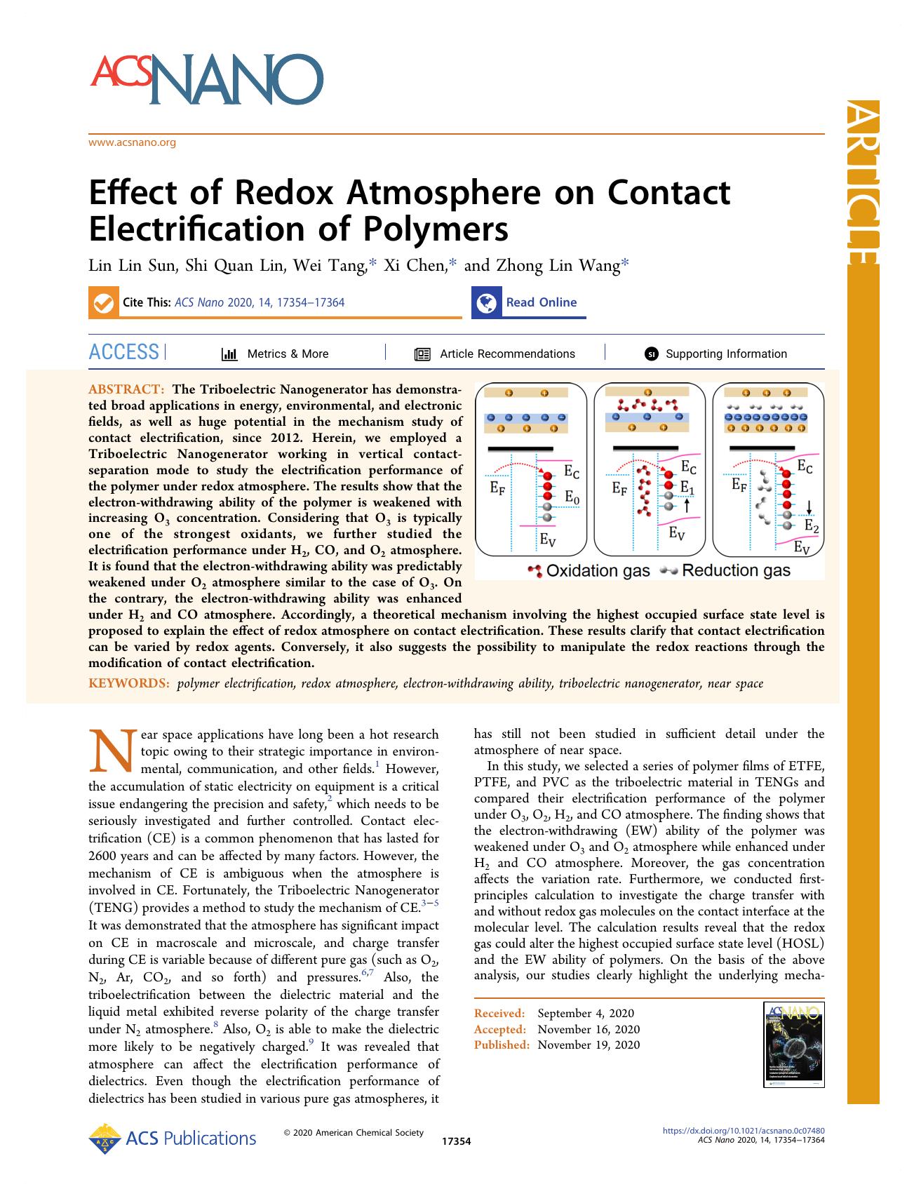 Effect of Redox Atmosphere on Contact Electrification of Polymers by Lin Lin Sun Shi Quan Lin Wei Tang Xi Chen and Zhong Lin Wang