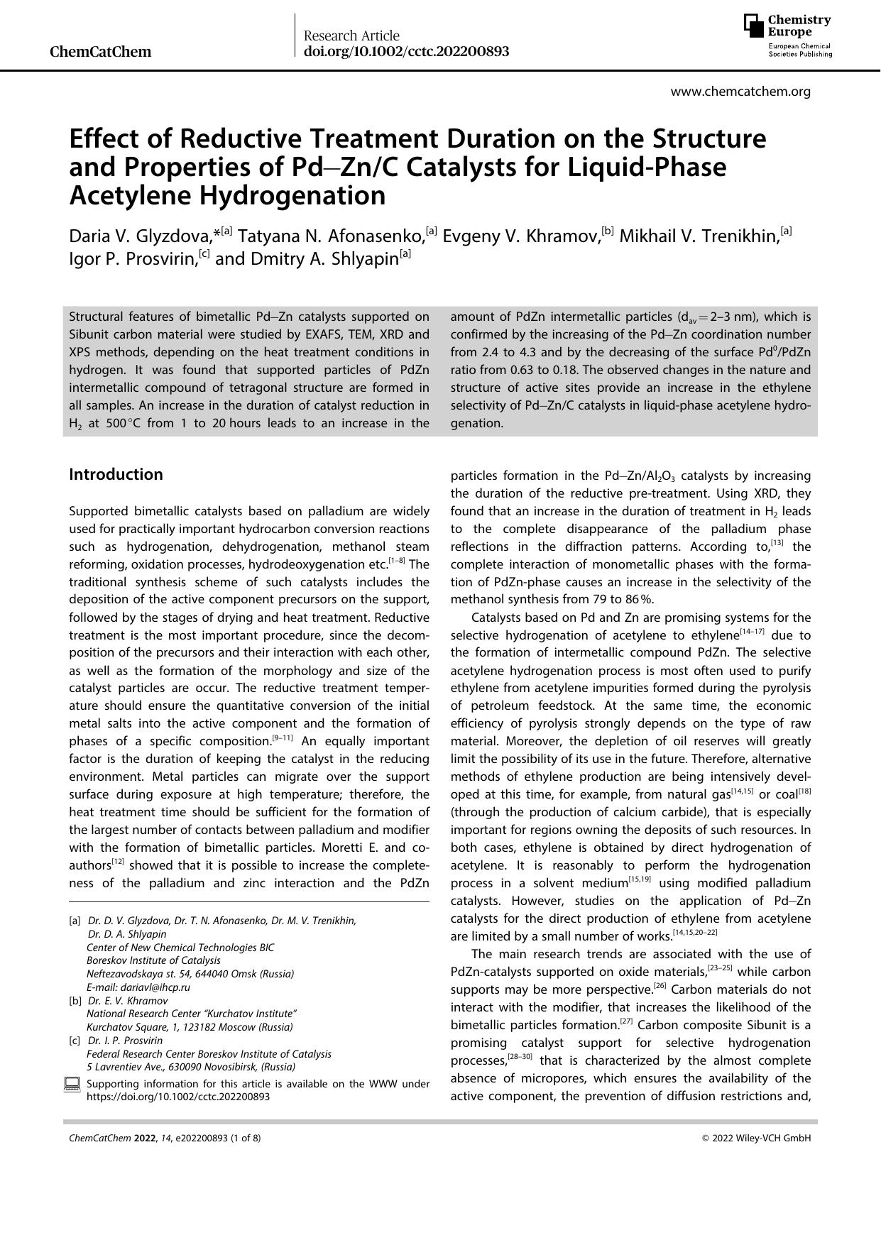 Effect of Reductive Treatment Duration on the Structure and Properties of PdâZnC Catalysts for LiquidâPhase Acetylene Hydrogenation by Unknown