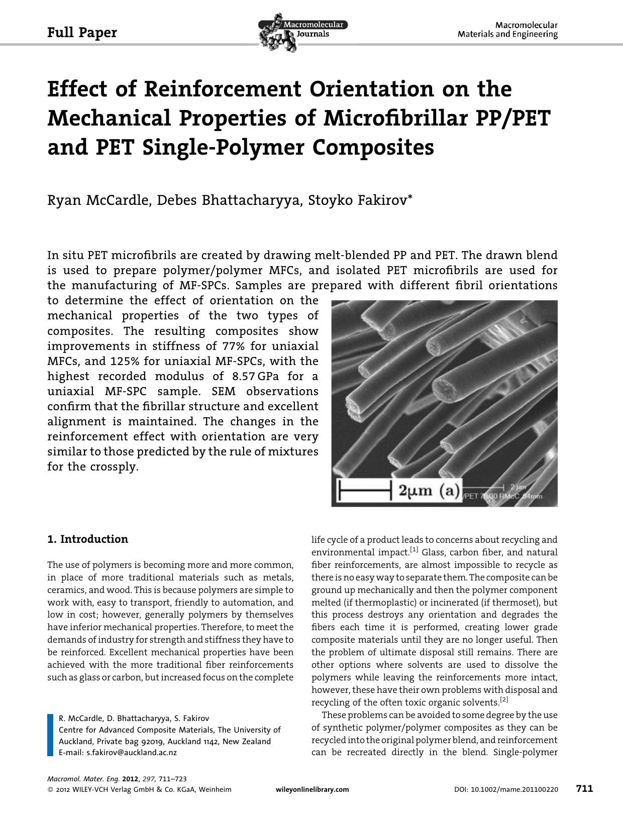 Effect of Reinforcement Orientation on the Mechanical Properties of Microfibrillar PPPET and PET SinglePolymer Composites by Unknown