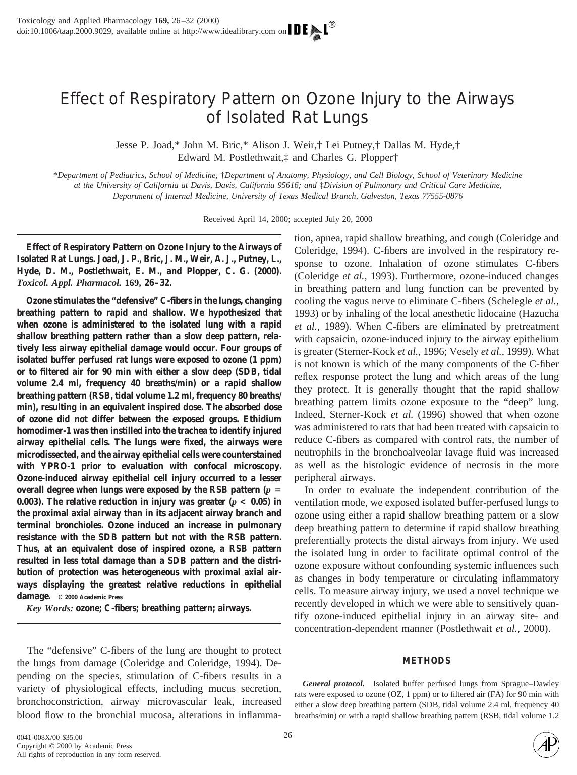 Effect of Respiratory Pattern on Ozone Injury to the Airways of Isolated Rat Lungs by Joad J. P. et al