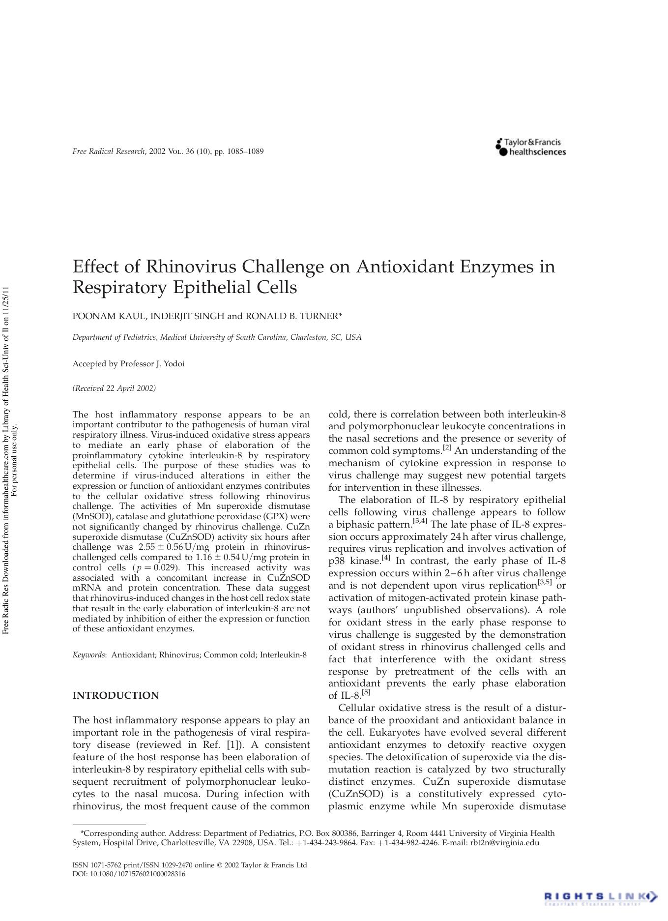 Effect of Rhinovirus Challenge on Antioxidant Enzymes in Respiratory Epithelial Cells by Poonam Kaul Inderjit Singh & Ronald B. Turner