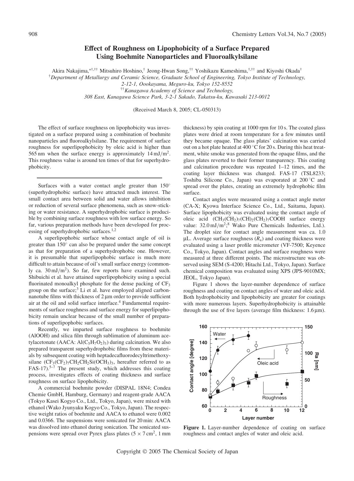 Effect of Roughness on Lipophobicity of a Surface Prepared Using Boehmite Nanoparticles and Fluoroalkylsilane by Akira Nakajima Mitsuhiro Hoshino Jeong-Hwan Song Yoshikazu Kameshima and Kiyoshi Okada