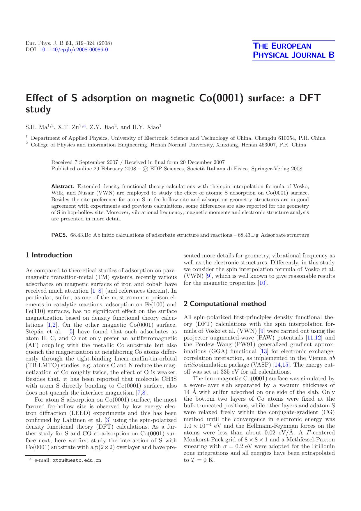 Effect of S adsorption on magnetic Co(0001) surface: a DFT study by S.H. Ma X.T. Zu Z.Y. Jiao H.Y. Xiao