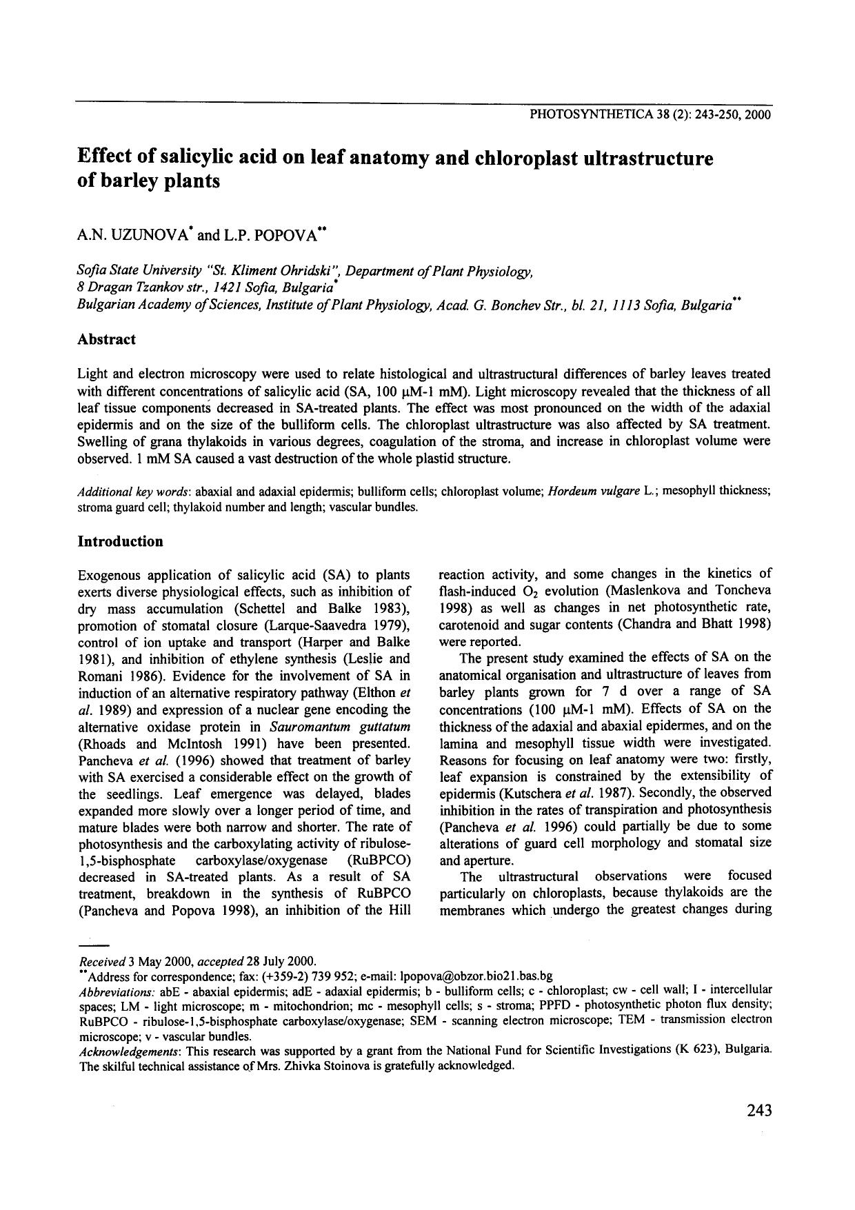 Effect of Salicylic Acid on Leaf Anatomy and Chloroplast Ultrastructure of Barley Plants by Unknown