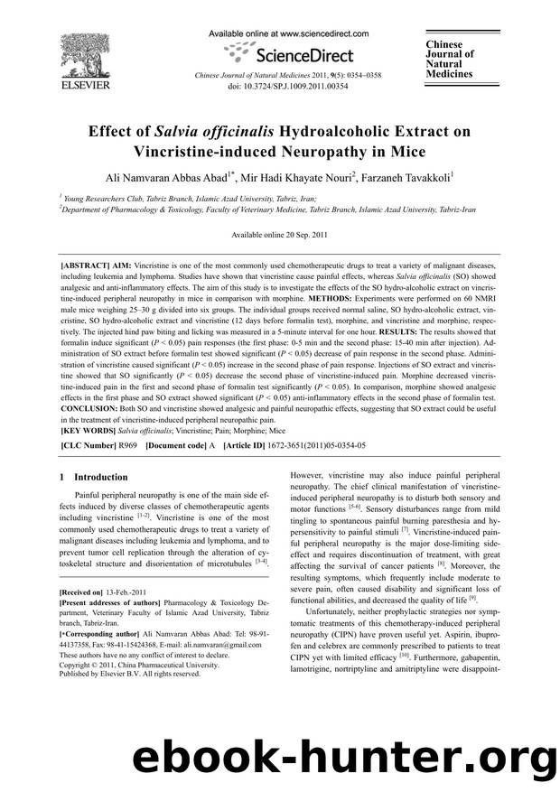 Effect of Salvia officinalis Hydroalcoholic Extract on Vincristine-induced Neuropathy in Mice by Ali Namvaran Abbas Abad & Mir Hadi Khayate Nouri & Farzaneh Tavakkoli