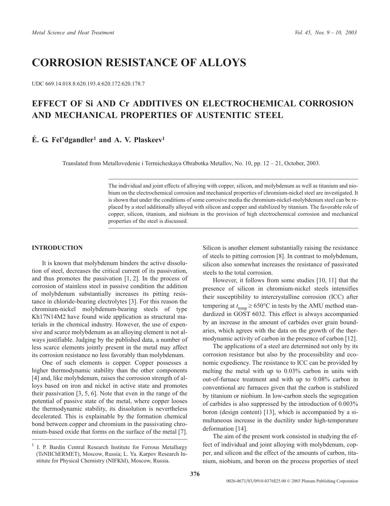 Effect of Si and Cr Additives on Electrochemical Corrosion and Mechanical Properties of Austenitic Steel by Unknown