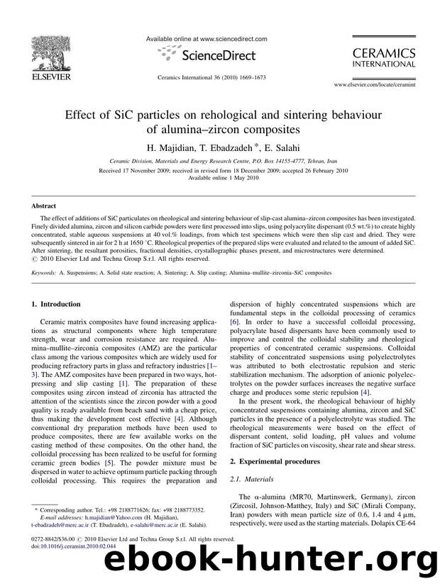Effect of SiC particles on rehological and sintering behaviour of aluminaÃ¢â¬âzircon composites by H. Majidian; T. Ebadzadeh; E. Salahi