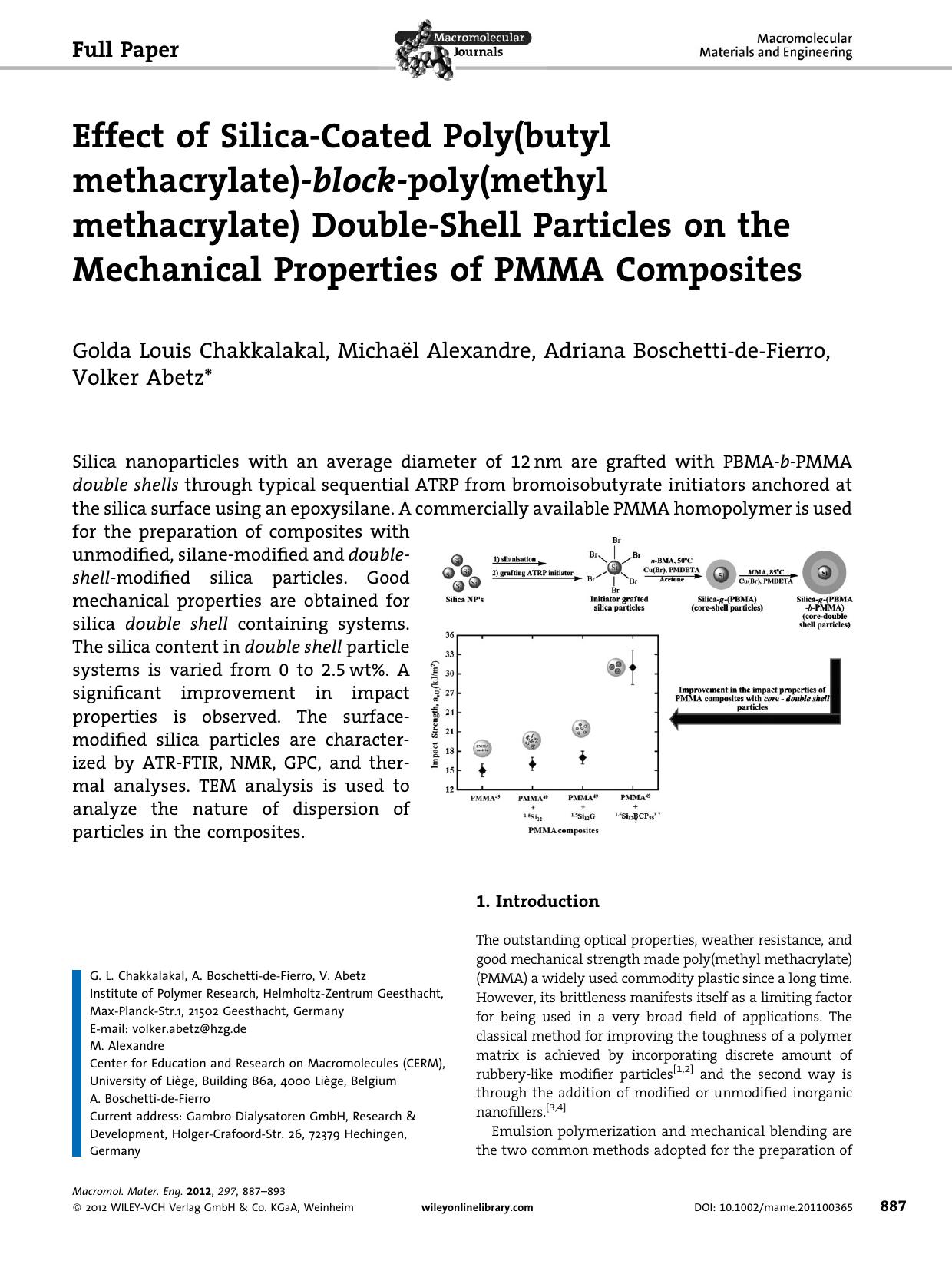 Effect of SilicaCoated Poly(butyl methacrylate)blockpoly(methyl methacrylate) DoubleShell Particles on the Mechanical Properties of PMMA Composites by Unknown