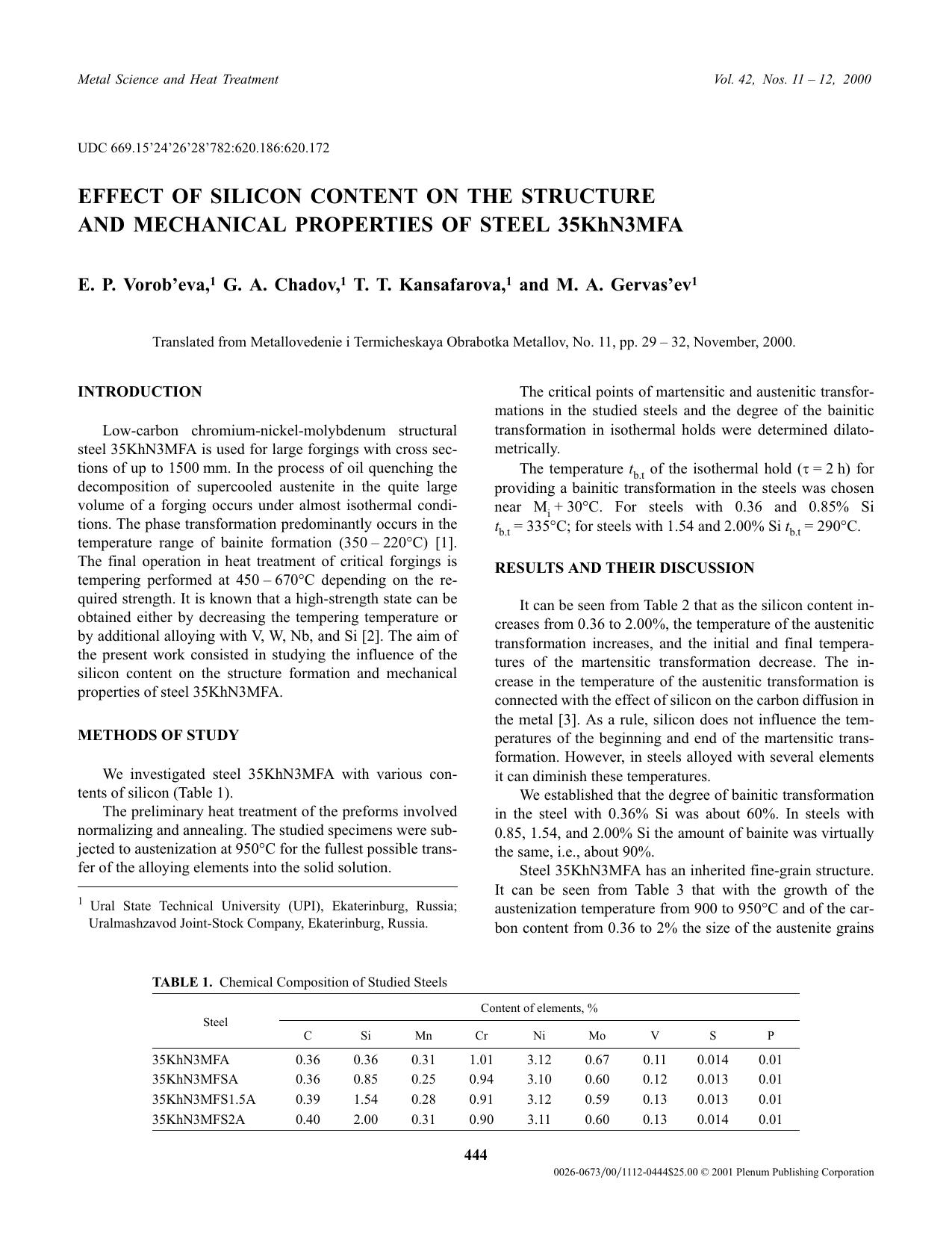 Effect of Silicon Content on the Structure and Mechanical Properties of Steel 35KhN3MFA by Unknown