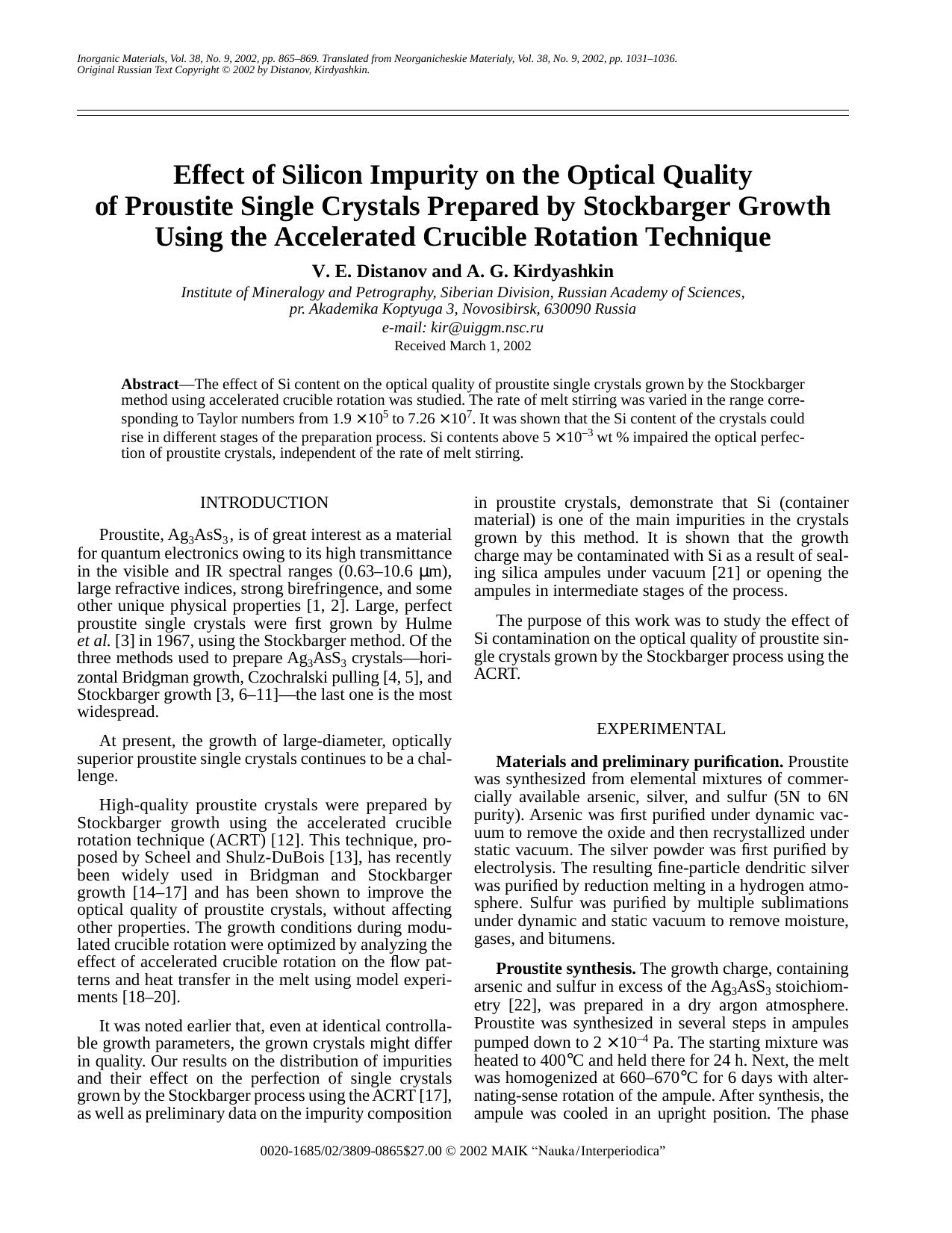 Effect of Silicon Impurity on the Optical Quality of Proustite Single Crystals Prepared by Stockbarger Growth Using the Accelerated Crucible Rotation Technique by Unknown