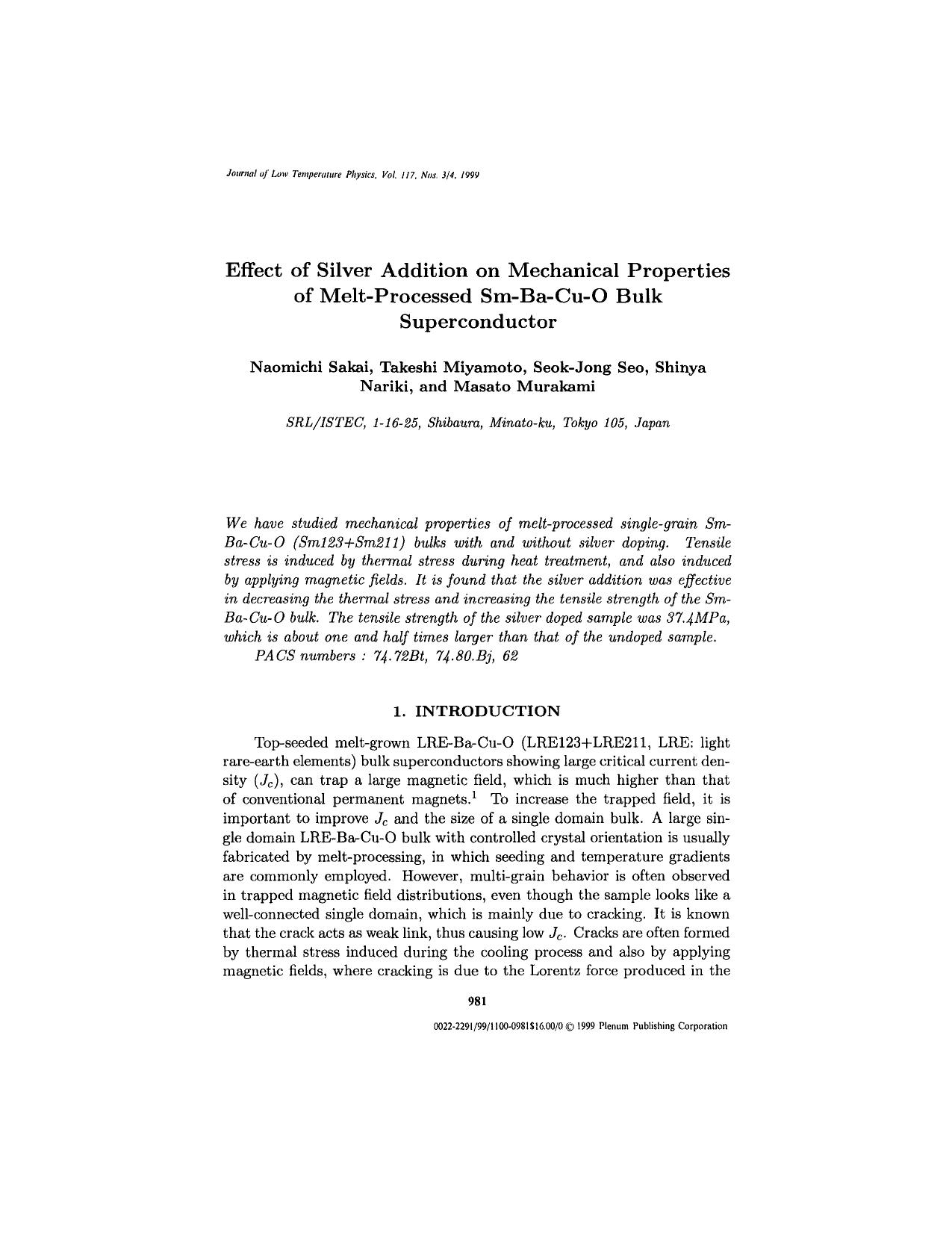 Effect of Silver Addition on Mechanical Properties of Melt-Processed Sm-Ba-Cu-O Bulk Superconductor by Unknown
