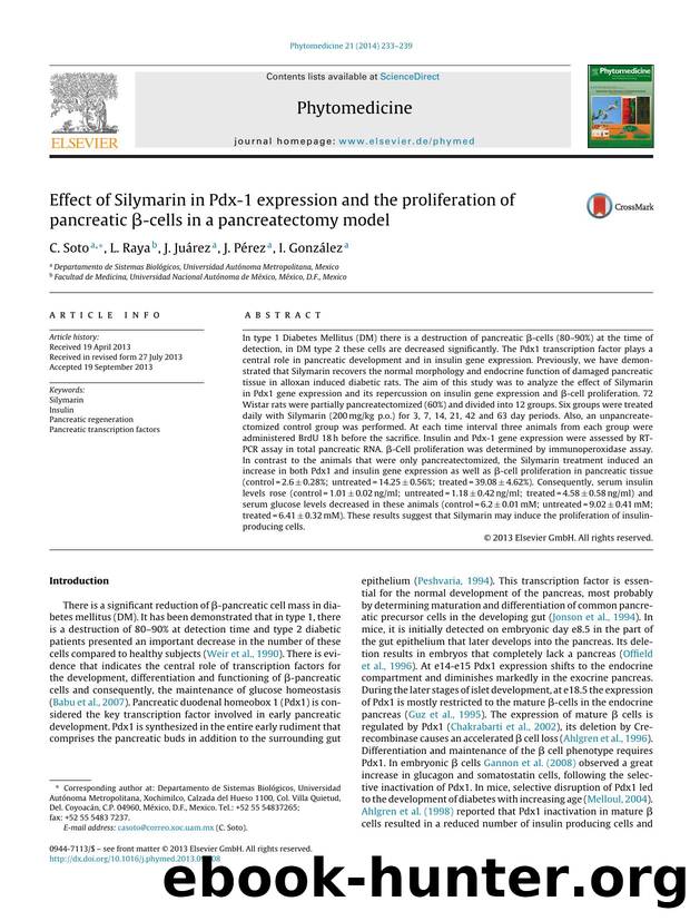 Effect of Silymarin in Pdx-1 expression and the proliferation of pancreatic Î²-cells in a pancreatectomy model by C. Soto & L. Raya & J. Juárez & J. Pérez & I. González