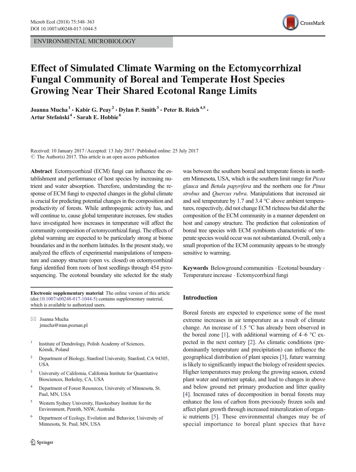Effect of Simulated Climate Warming on the Ectomycorrhizal Fungal Community of Boreal and Temperate Host Species Growing Near Their Shared Ecotonal Range Limits by Joanna Mucha & Kabir G. Peay & Dylan P. Smith & Peter B. Reich & Artur Stefański & Sarah E. Hobbie