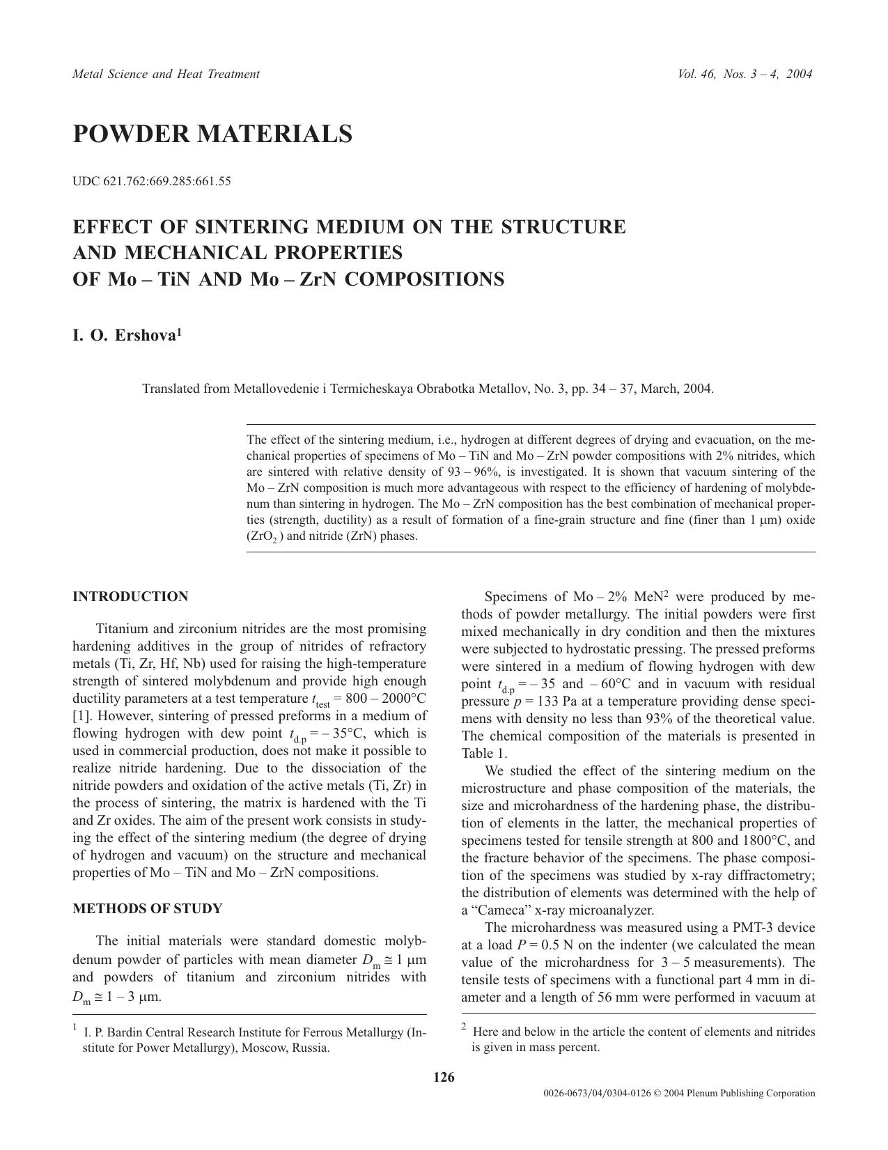 Effect of Sintering Medium on the Structure and Mechanical Properties of Mo – TiN and Mo – ZrN Compositions by Unknown