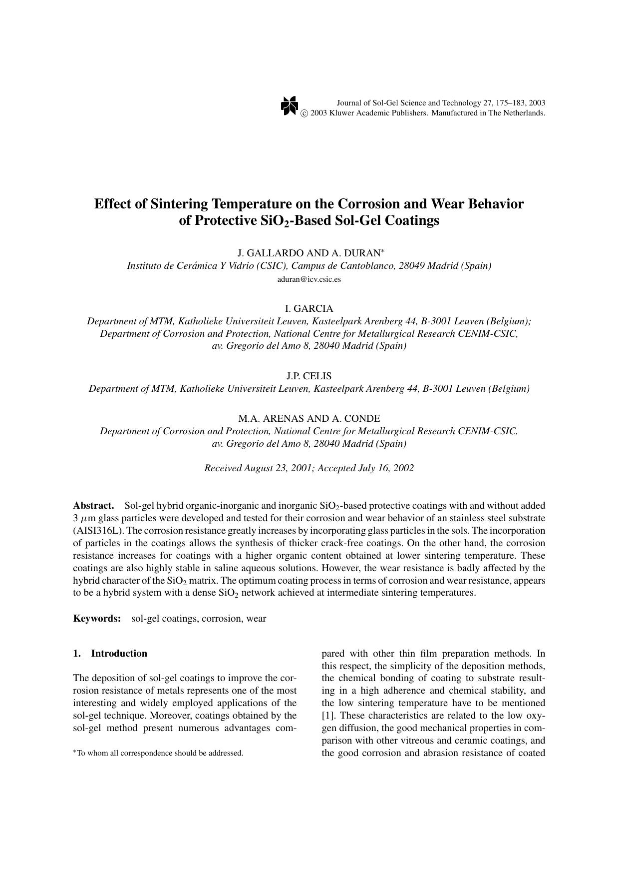 Effect of Sintering Temperature on the Corrosion and Wear Behavior of Protective SiO<Subscript>2<Subscript>-Based Sol-Gel Coatings by Unknown